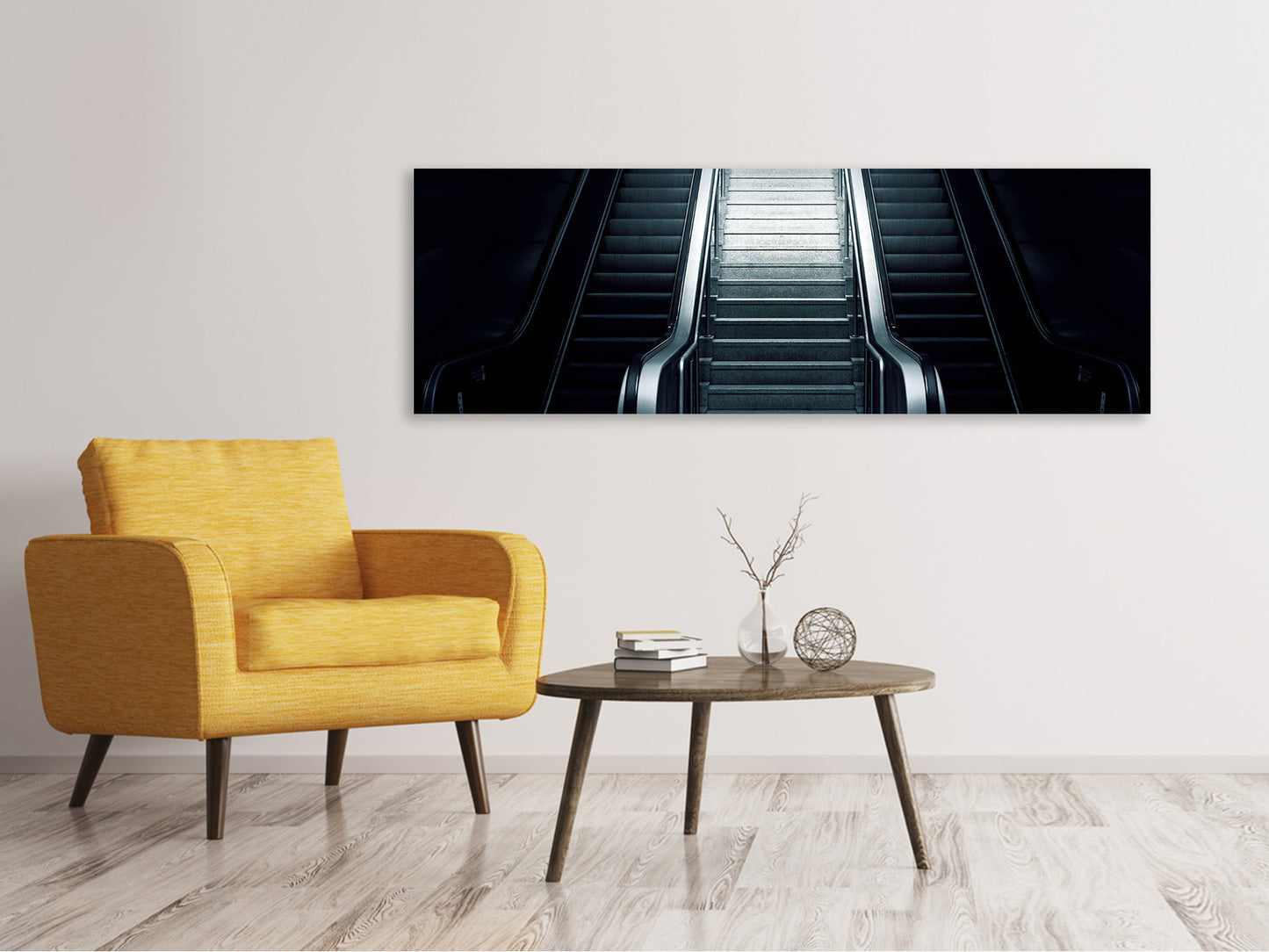 Leinwandbild Panorama Rolltreppe in der Dunkelheit