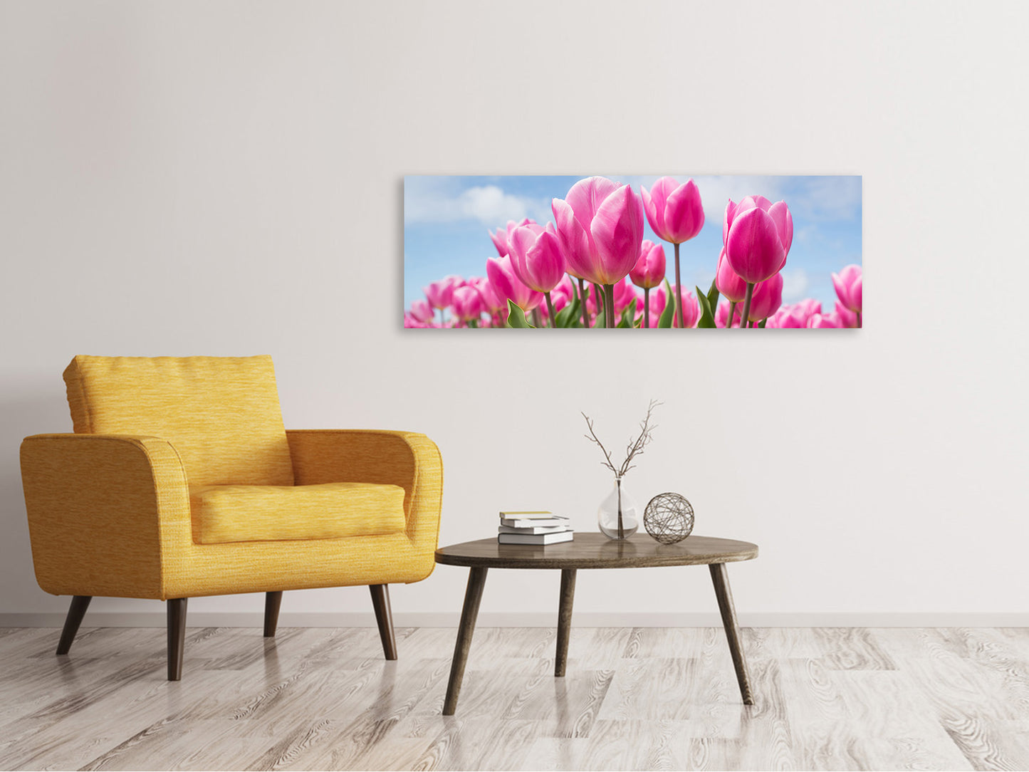 Leinwandbild Panorama Tulpenfeld in rosa