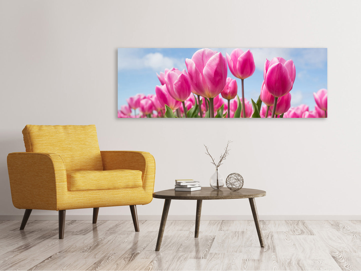 Leinwandbild Panorama Tulpenfeld in rosa