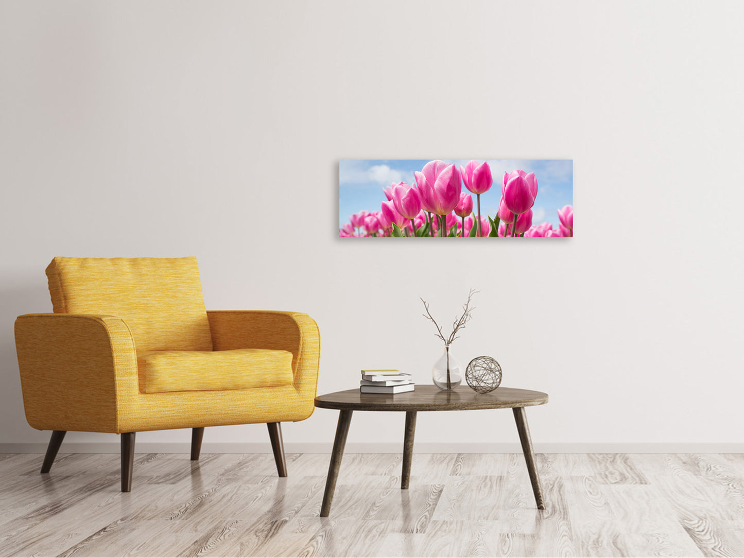 Leinwandbild Panorama Tulpenfeld in rosa