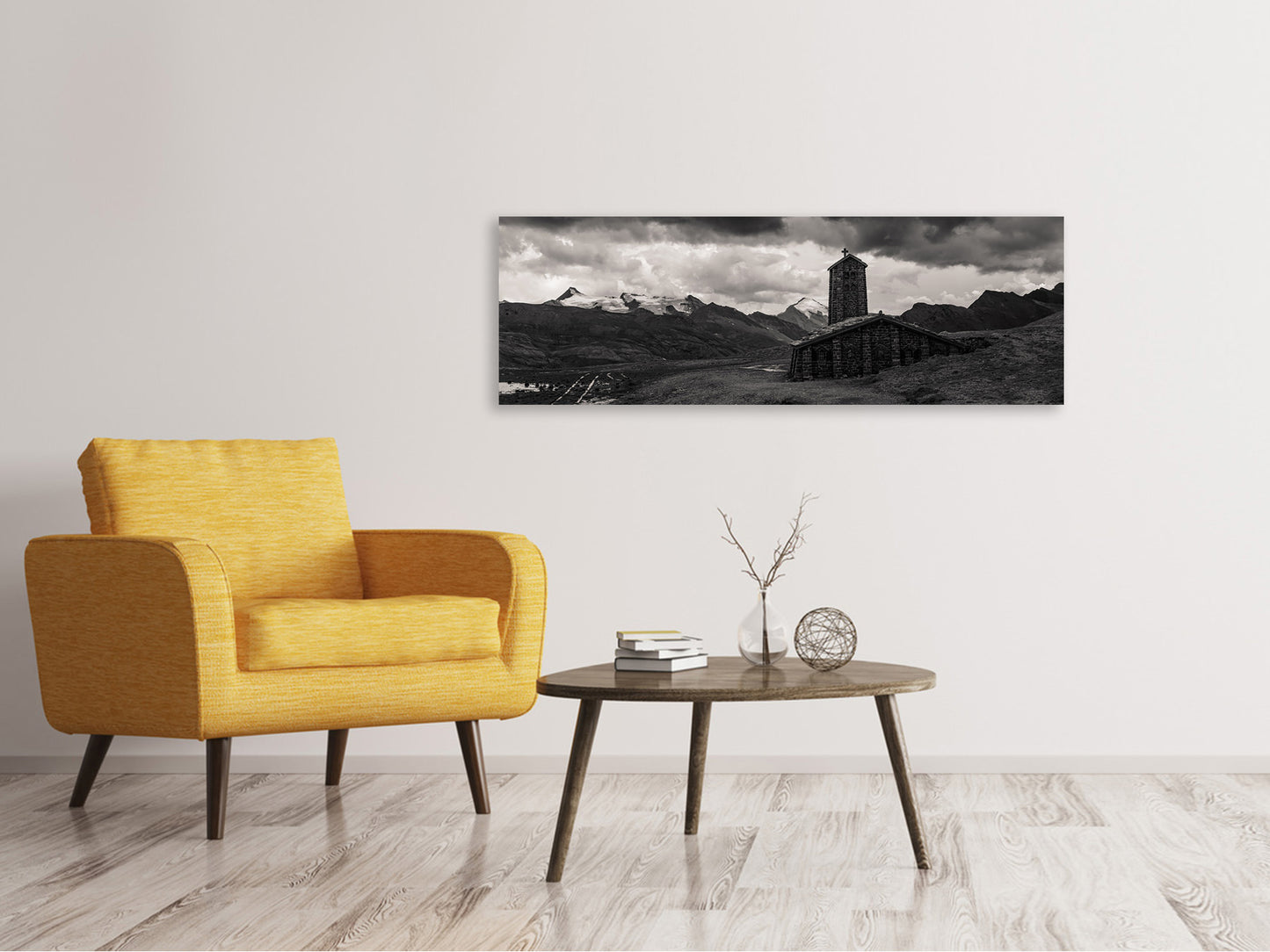 Leinwandbild Panorama Kleine Kirche im Gebirge