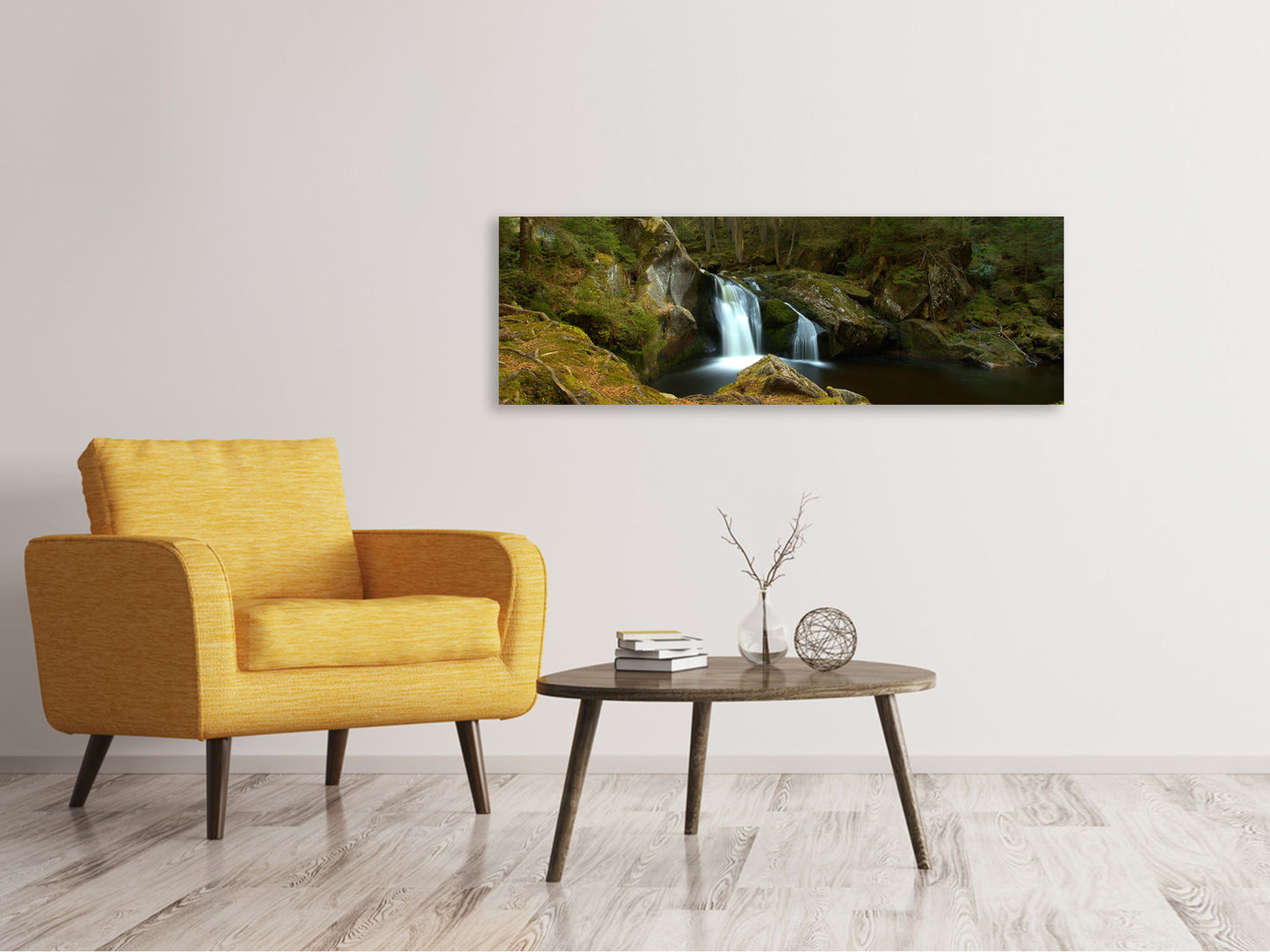 Leinwandbild Panorama Kleiner Wasserfall im Wald