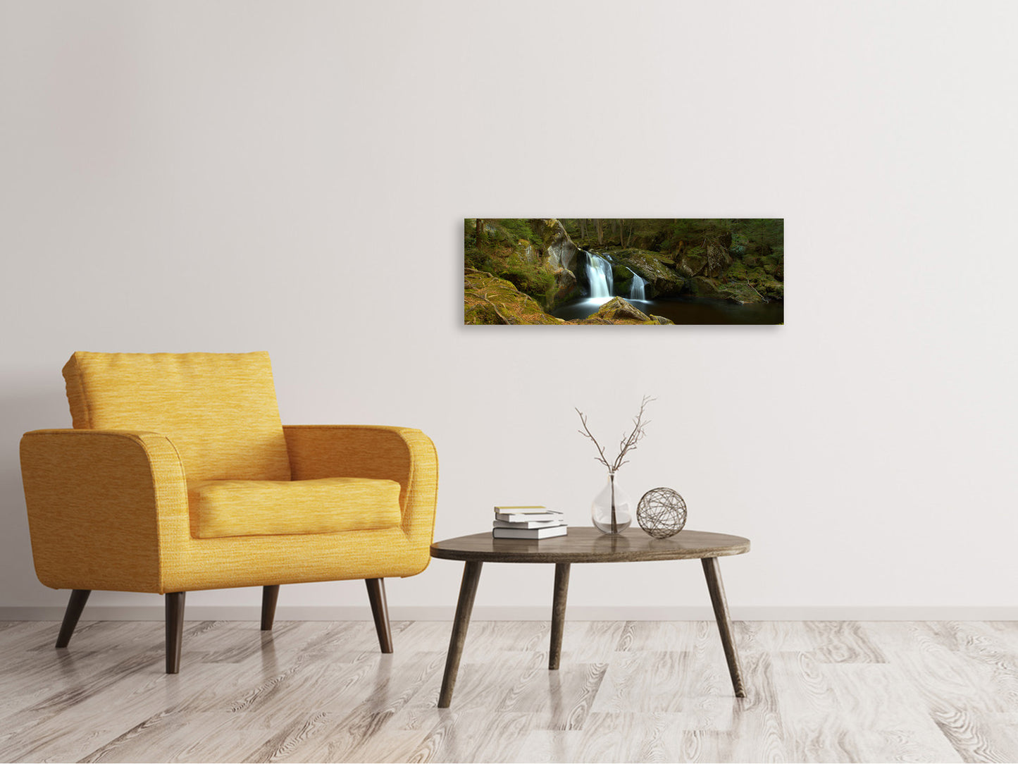 Leinwandbild Panorama Kleiner Wasserfall im Wald