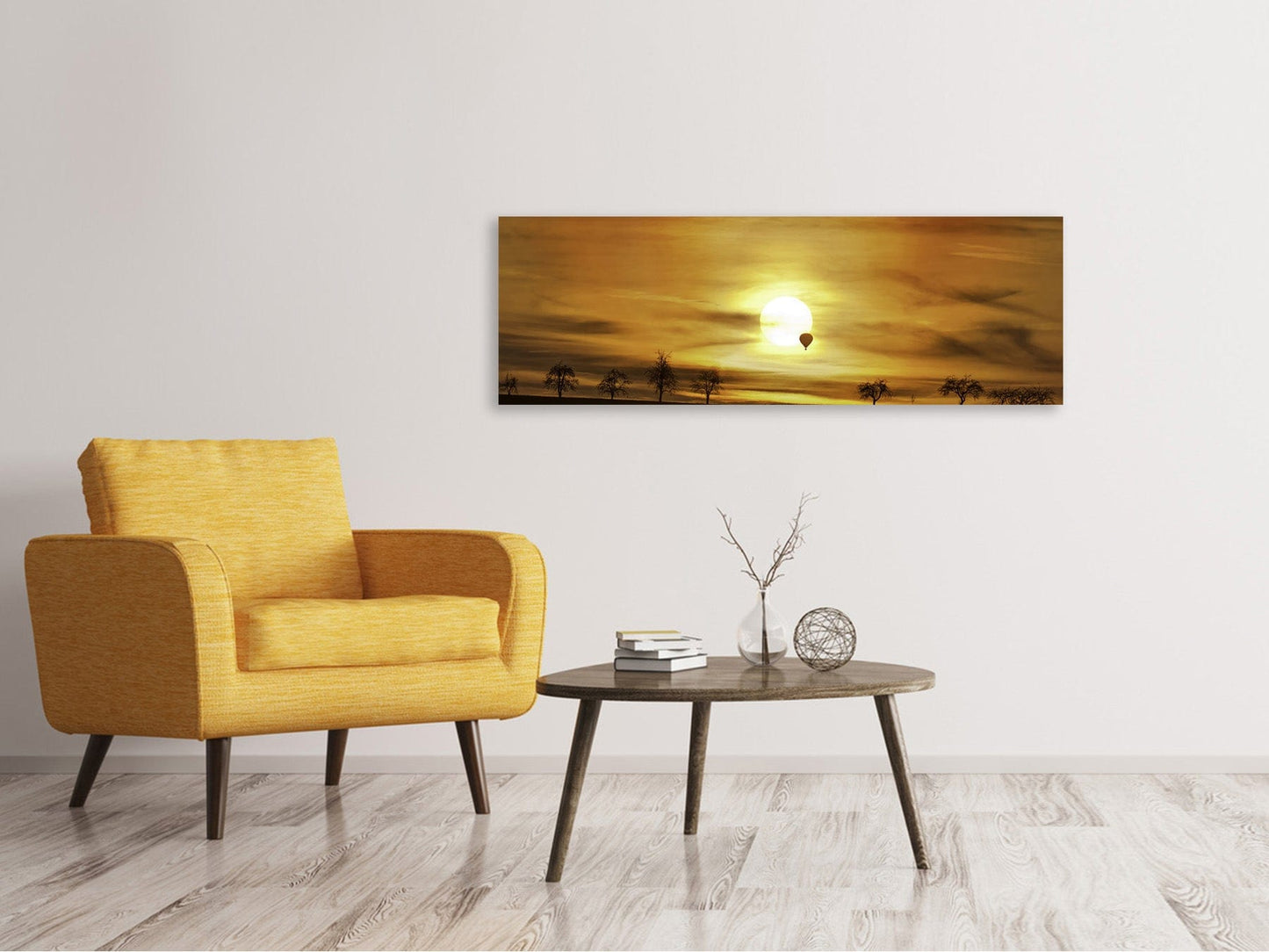 Leinwandbild Panorama Sonnenuntergang mit Heissluft Ballon