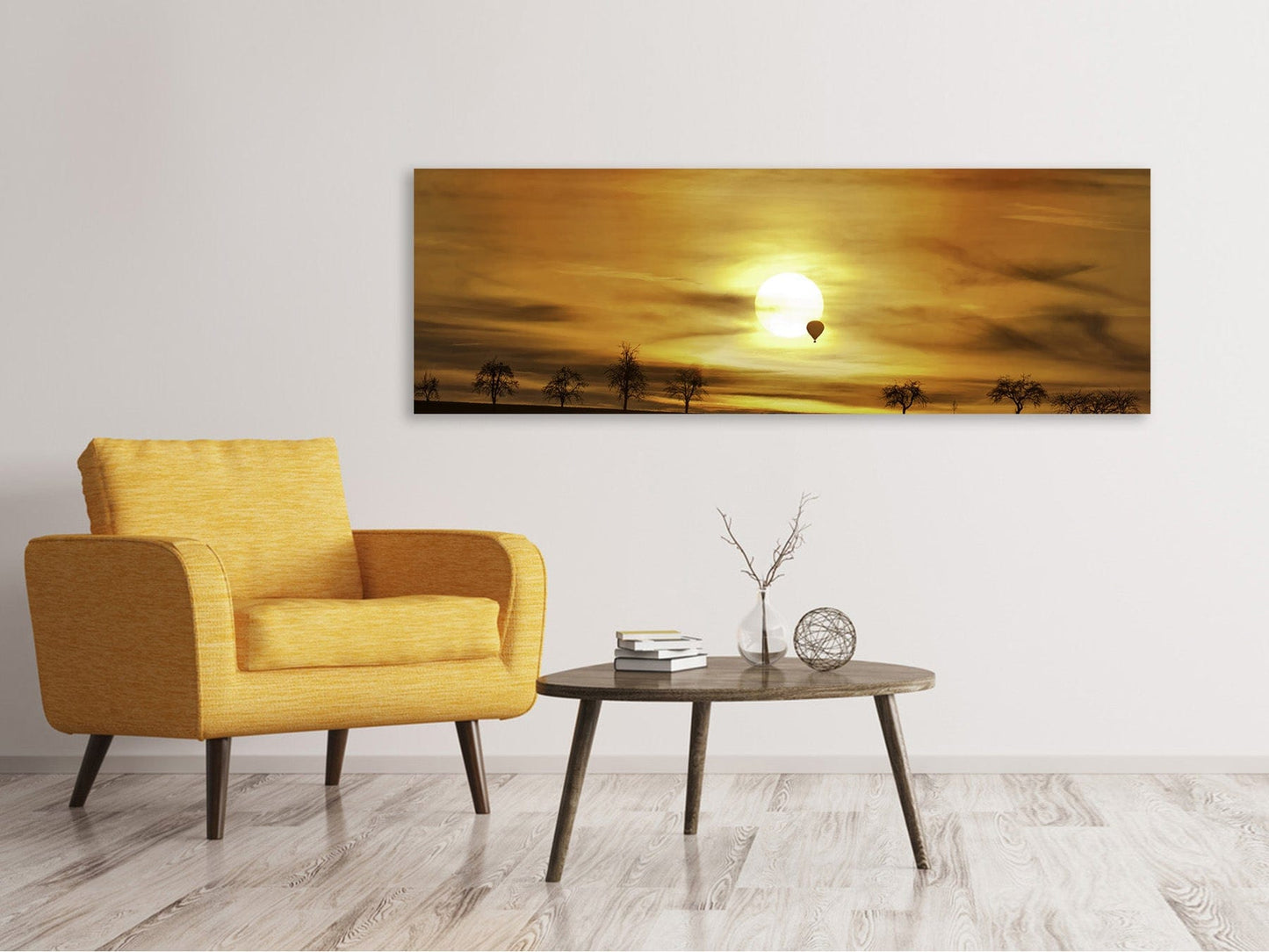 Leinwandbild Panorama Sonnenuntergang mit Heissluft Ballon