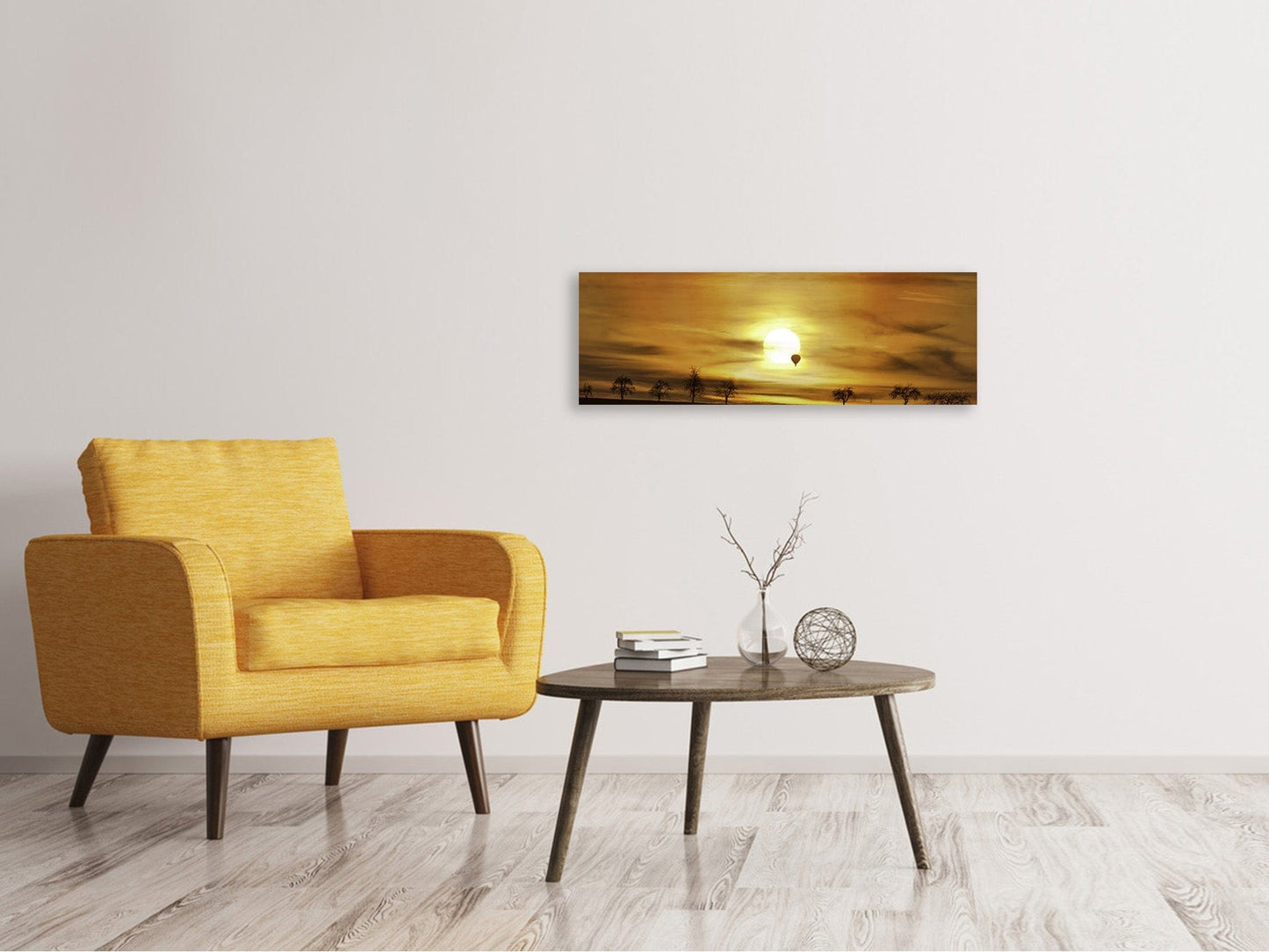 Leinwandbild Panorama Sonnenuntergang mit Heissluft Ballon