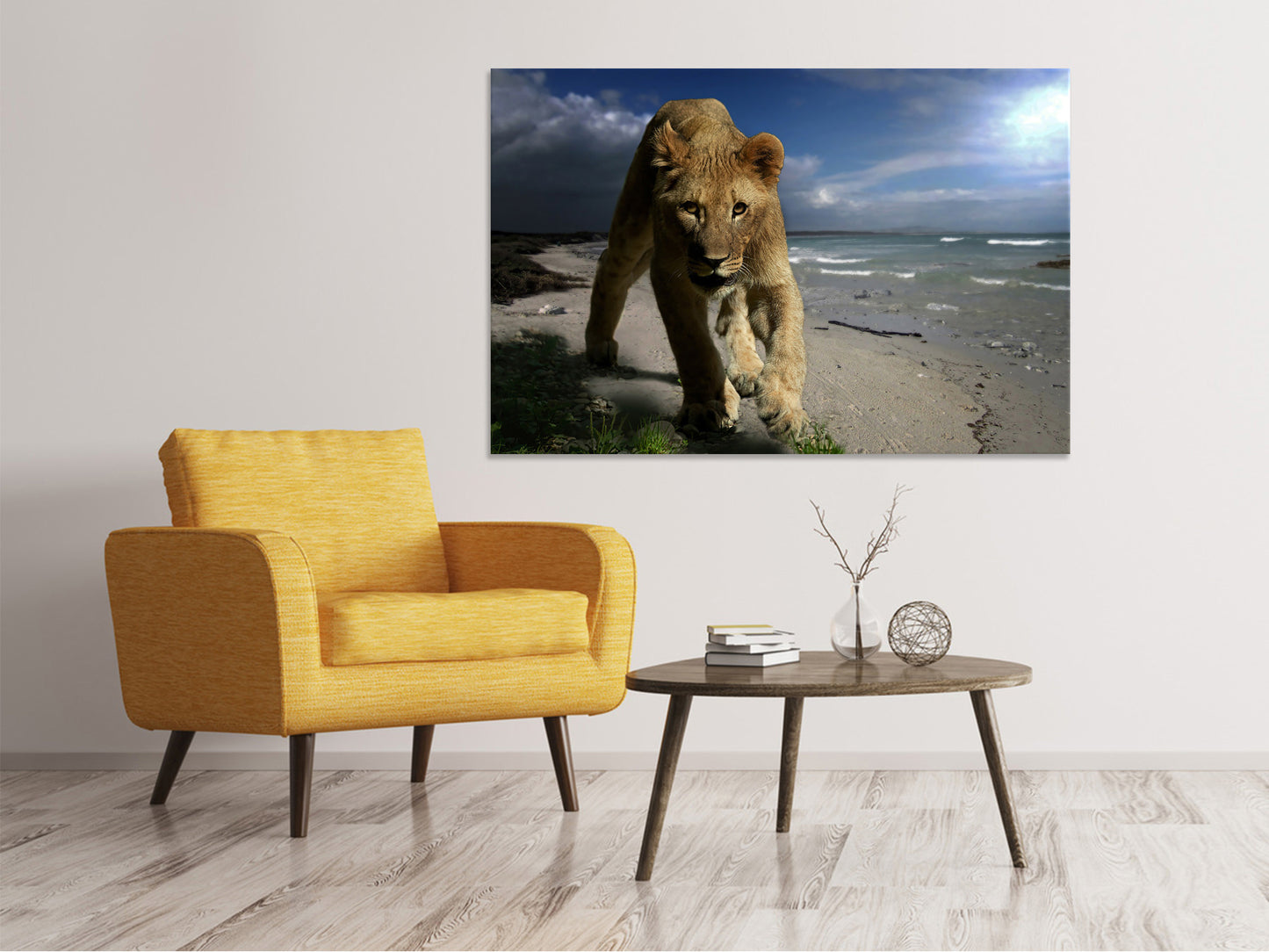 Leinwandbild Eine Löwin am Strand