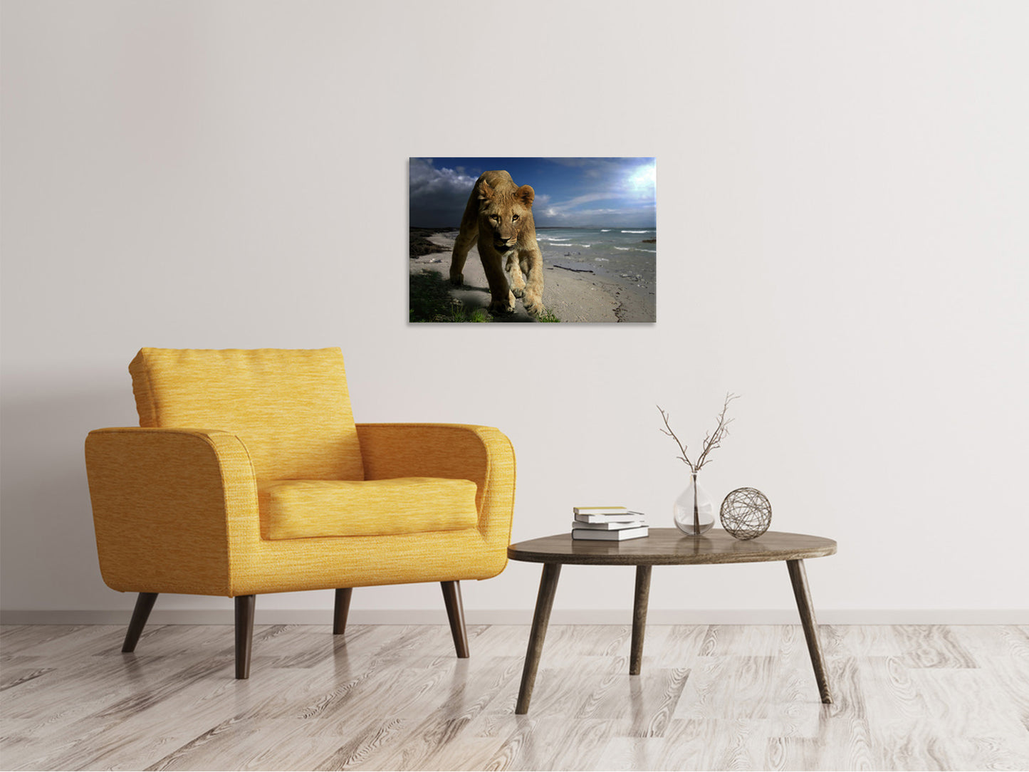 Leinwandbild Eine Löwin am Strand