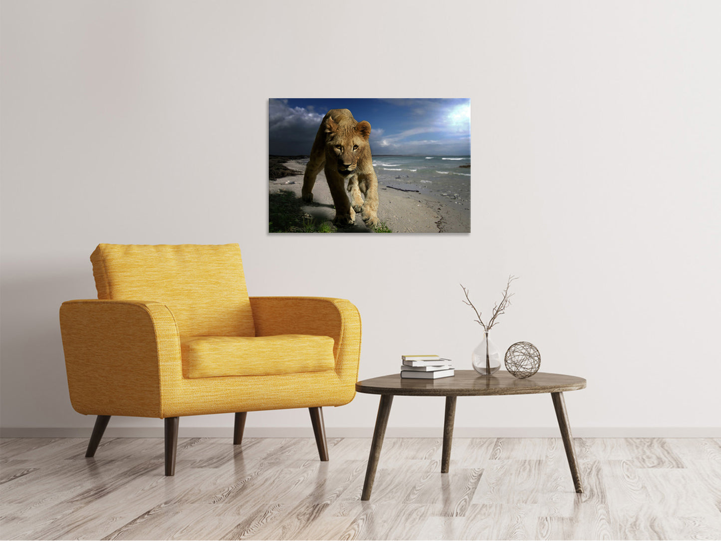 Leinwandbild Eine Löwin am Strand