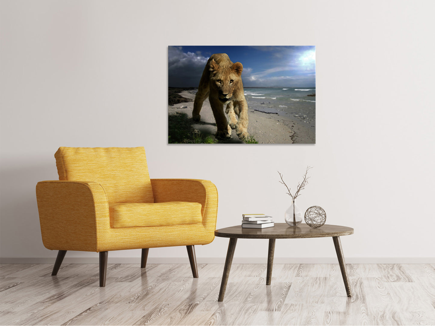 Leinwandbild Eine Löwin am Strand