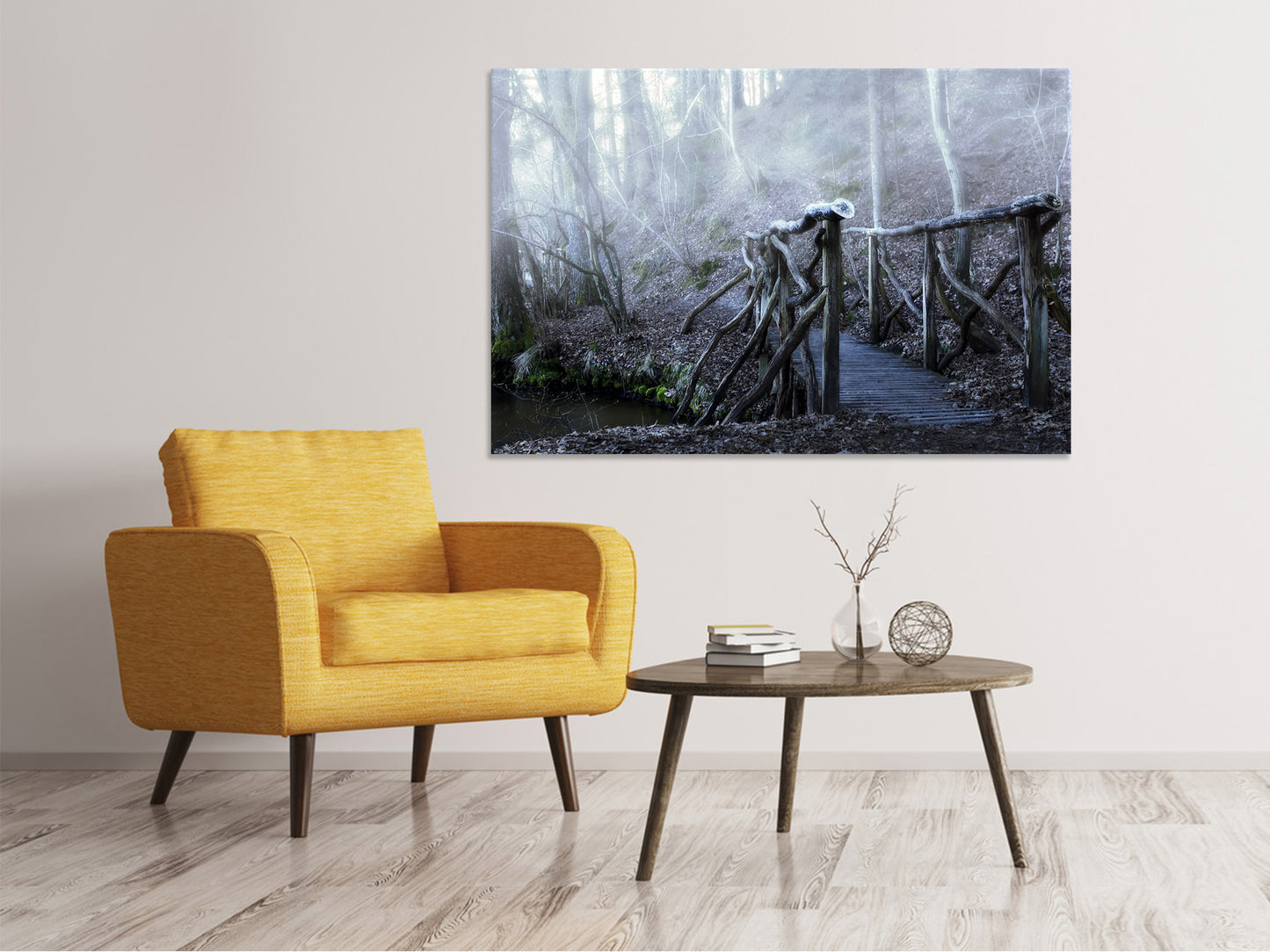 Leinwandbild Alte Holzbrücke im Wald