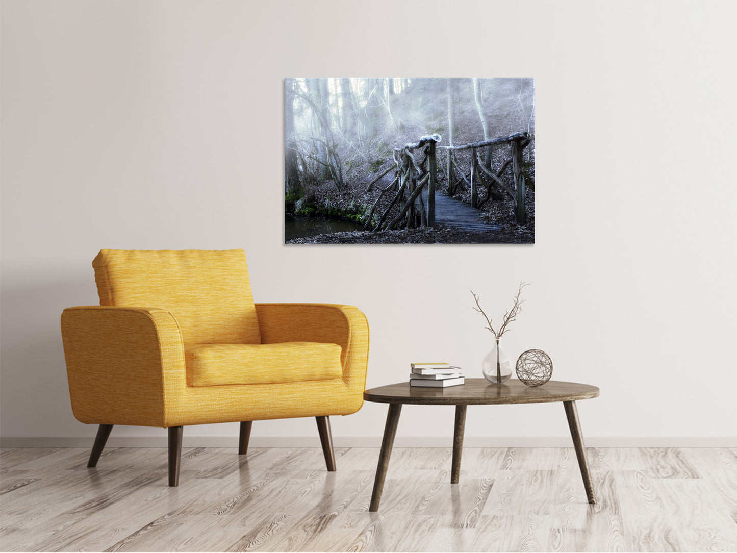 Leinwandbild Alte Holzbrücke im Wald
