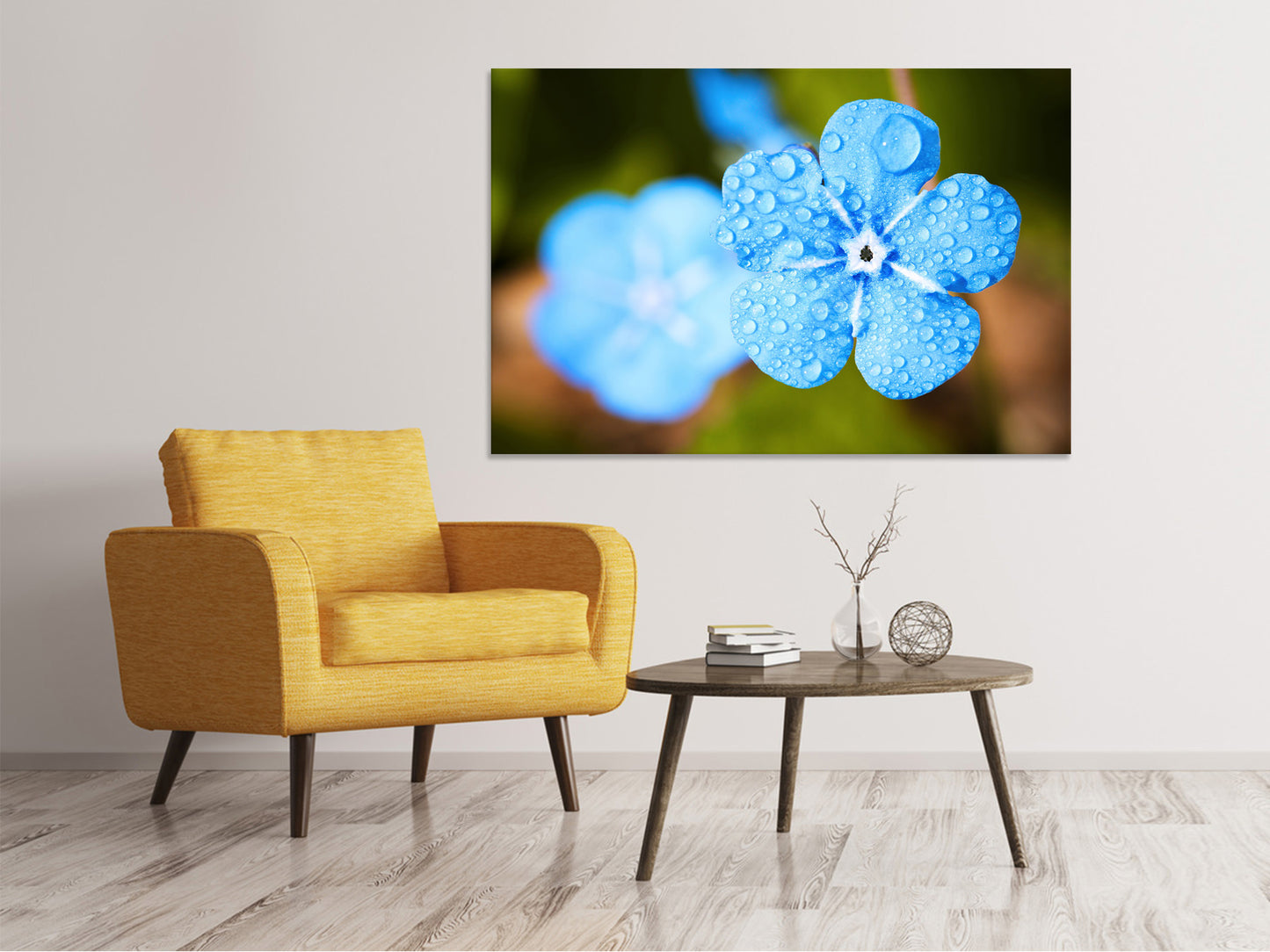 Leinwandbild Blaue Blume mit Morgentau
