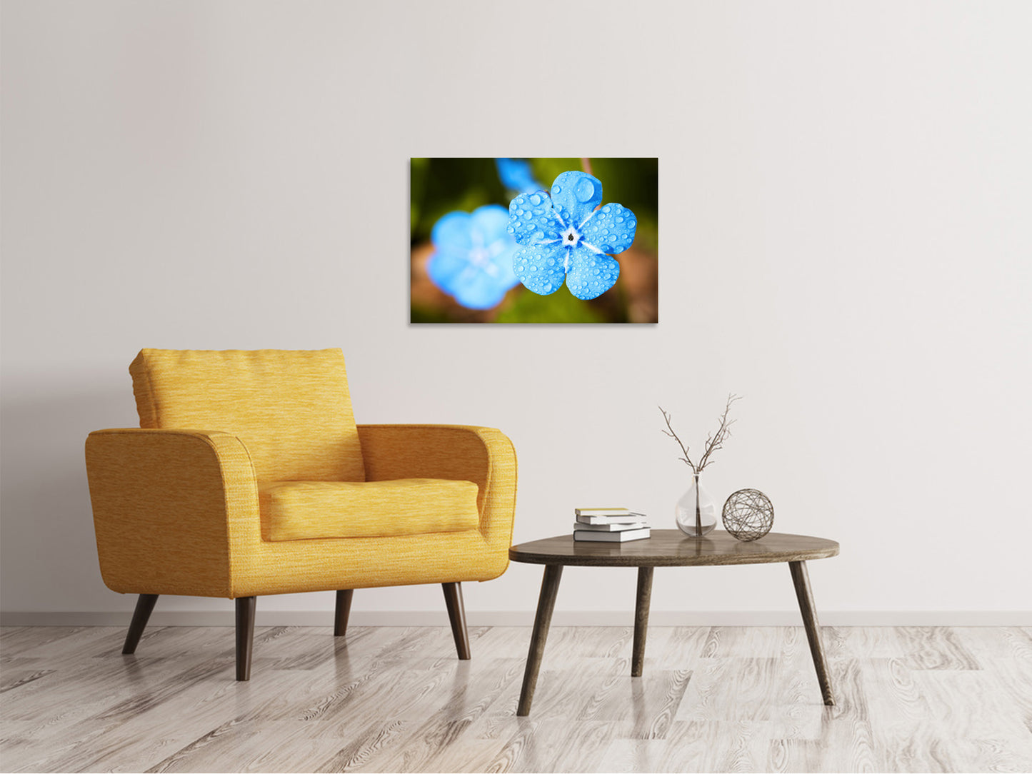 Leinwandbild Blaue Blume mit Morgentau