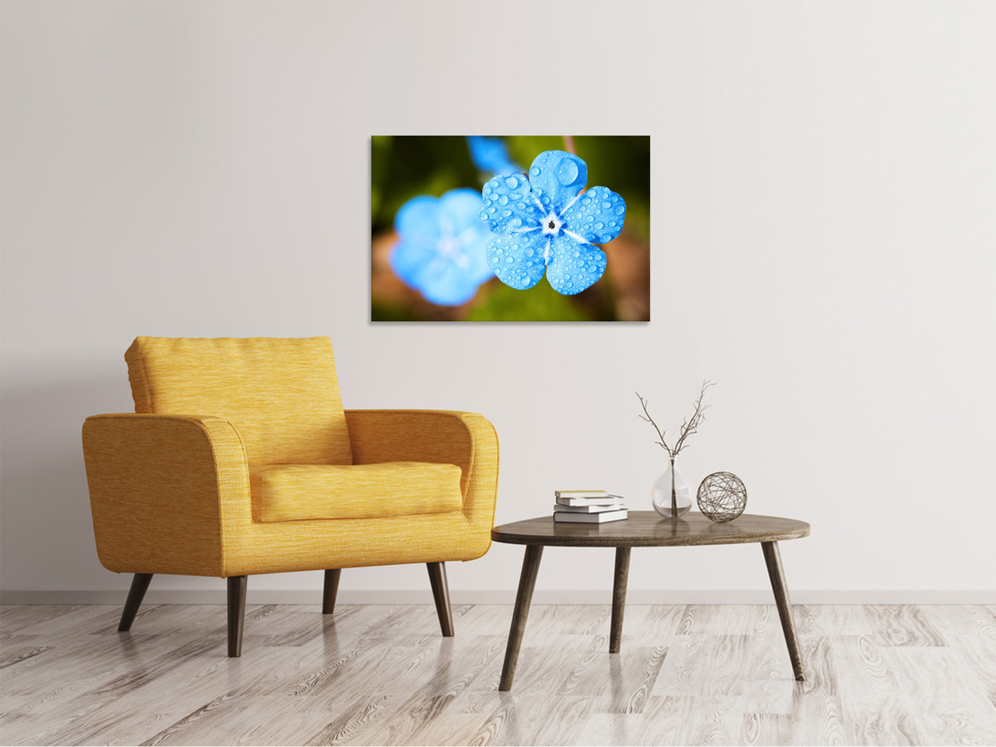 Leinwandbild Blaue Blume mit Morgentau
