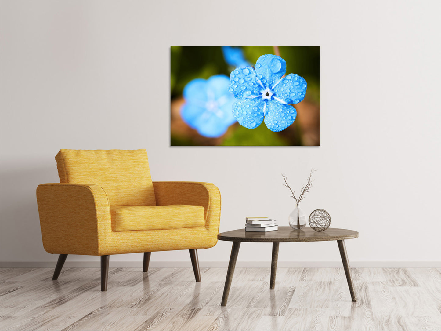 Leinwandbild Blaue Blume mit Morgentau