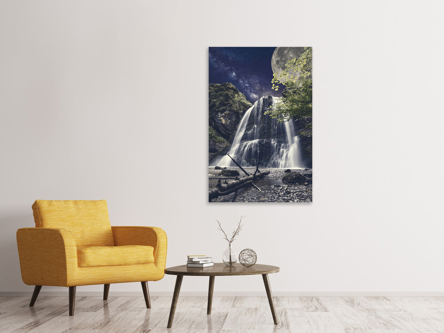 Leinwandbild Vollmond am Wasserfall