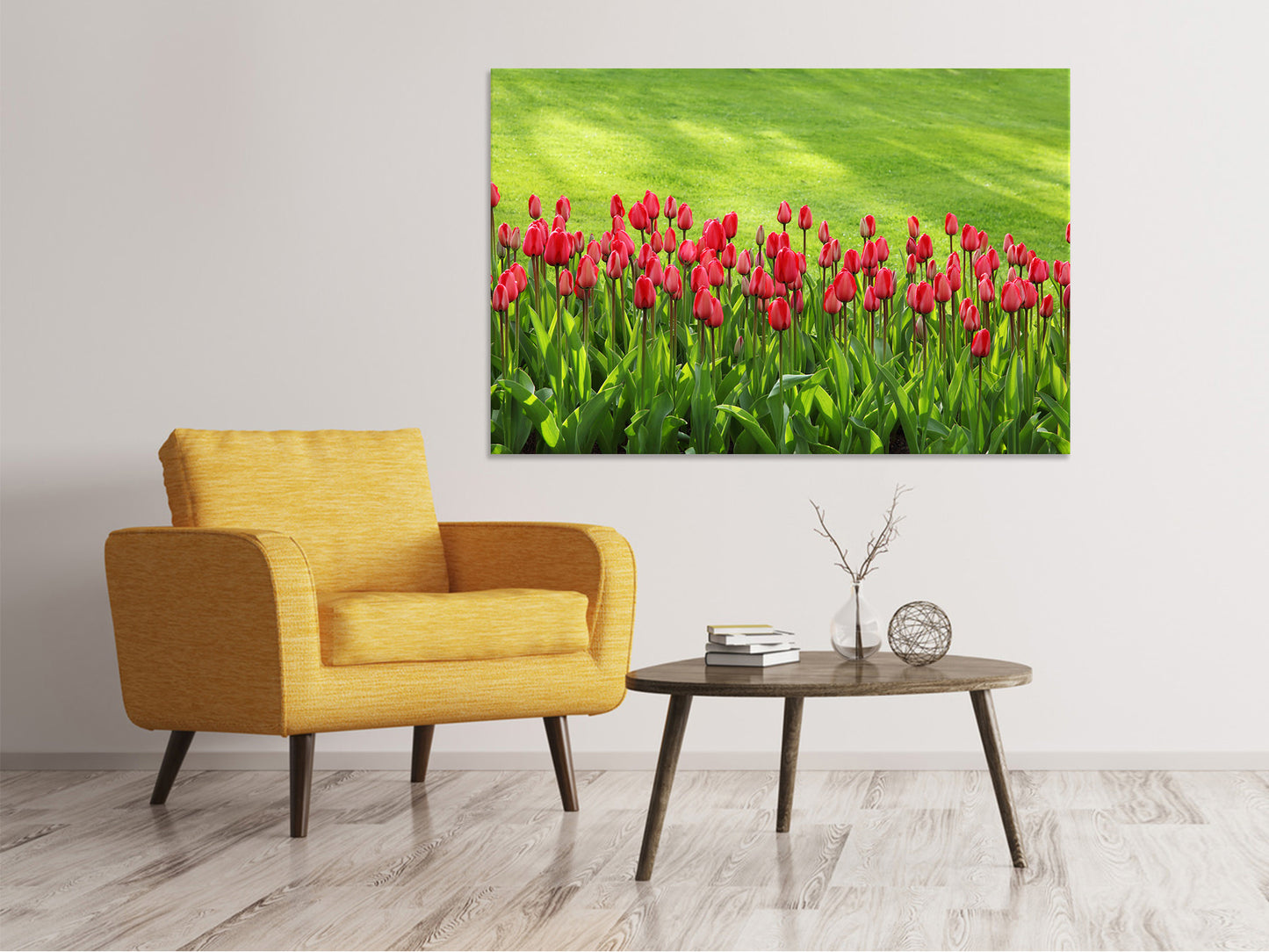 Leinwandbild Rotes Tulpenfeld im Sonnenlicht