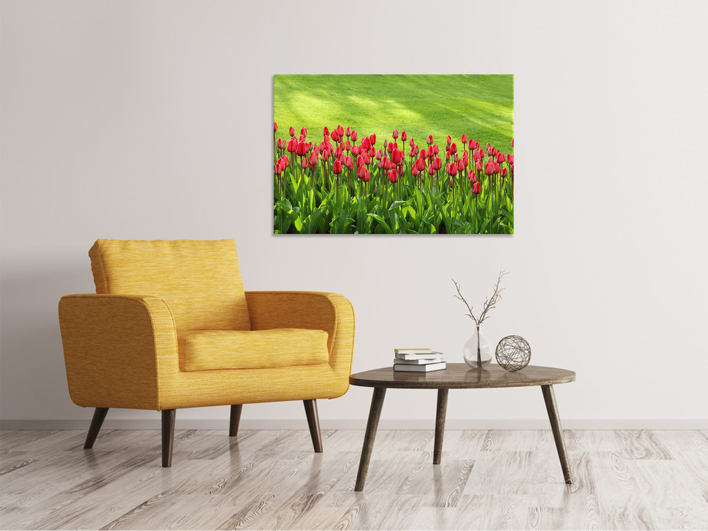 Leinwandbild Rotes Tulpenfeld im Sonnenlicht