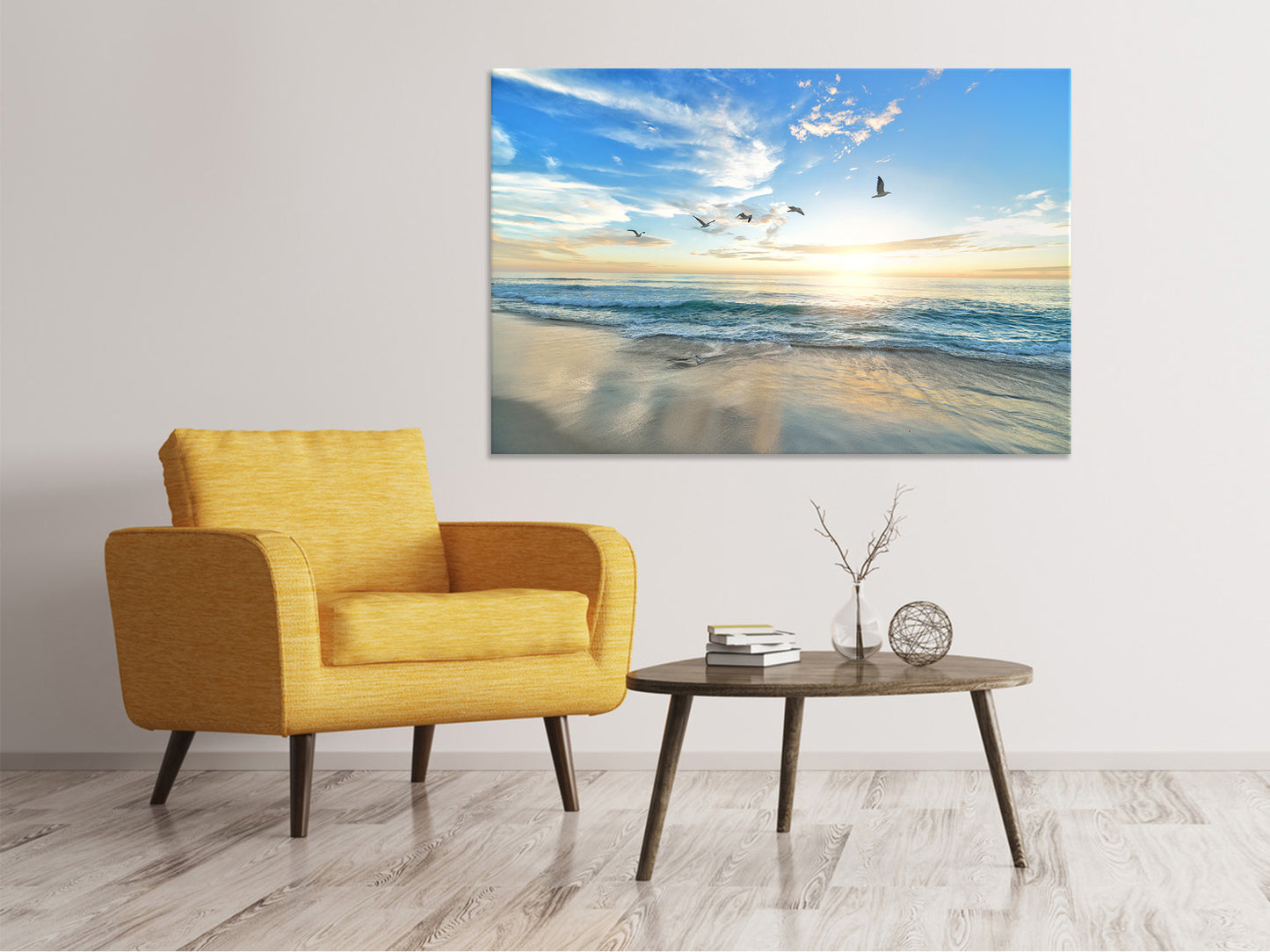 Leinwandbild Die Möwen und das Meer bei Sonnenaufgang