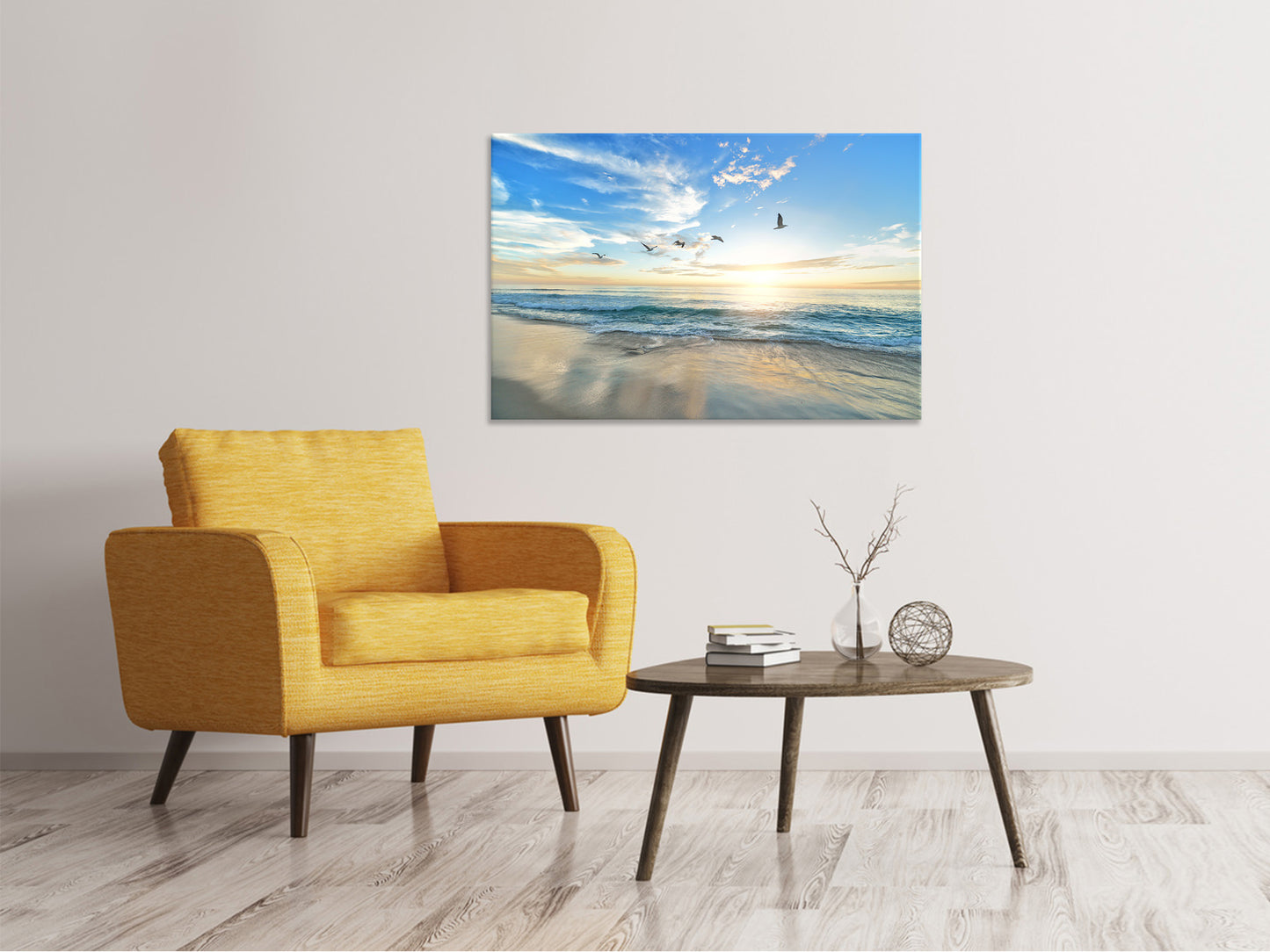 Leinwandbild Die Möwen und das Meer bei Sonnenaufgang