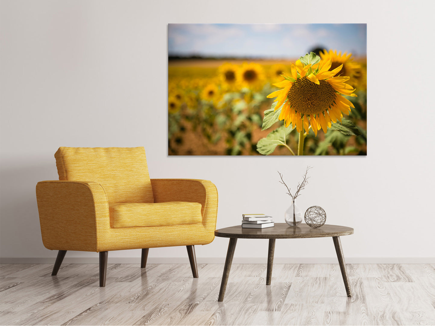Leinwandbild Eine Sonnenblume im Feld
