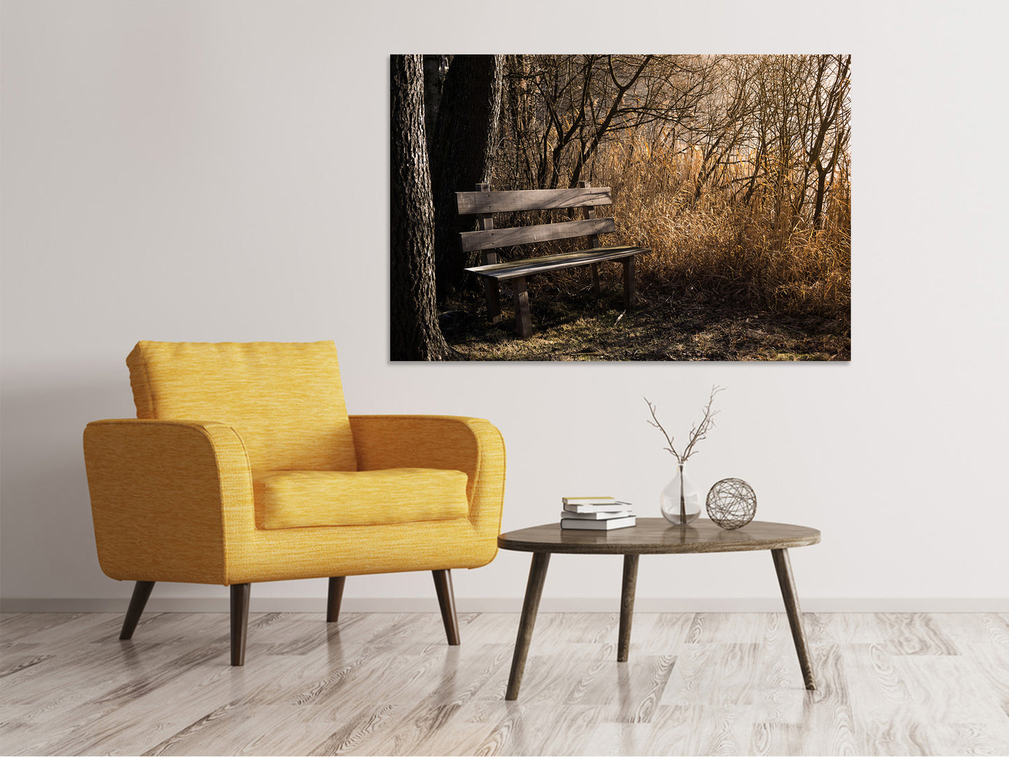 Leinwandbild Holzbank im Wald