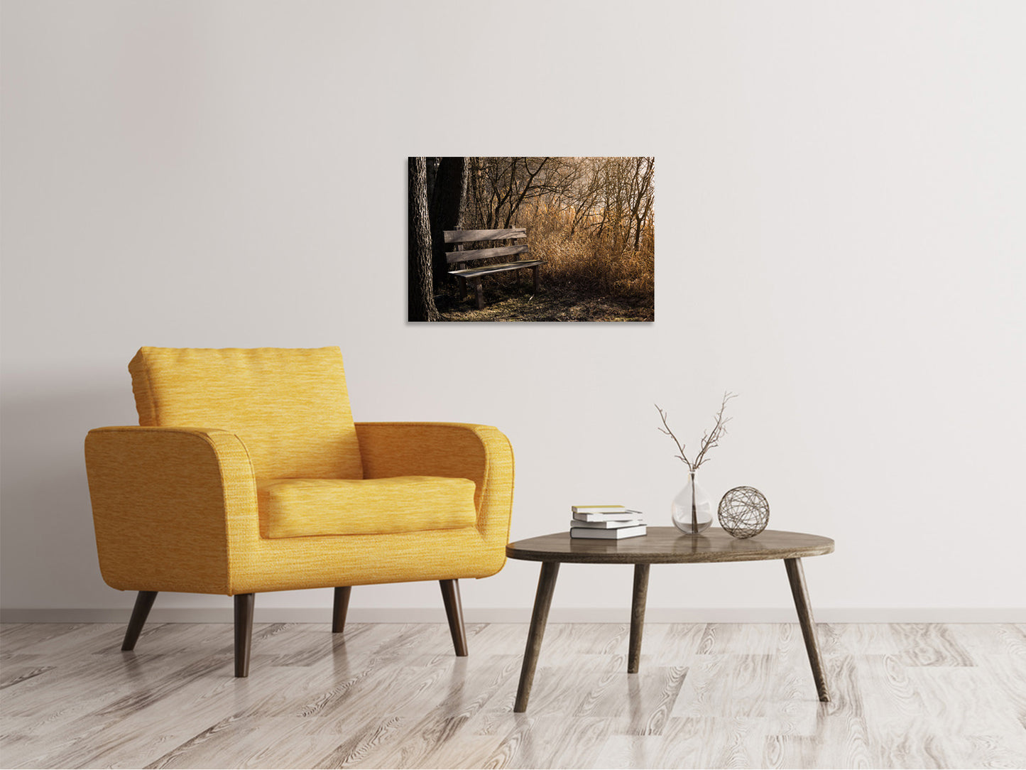 Leinwandbild Holzbank im Wald