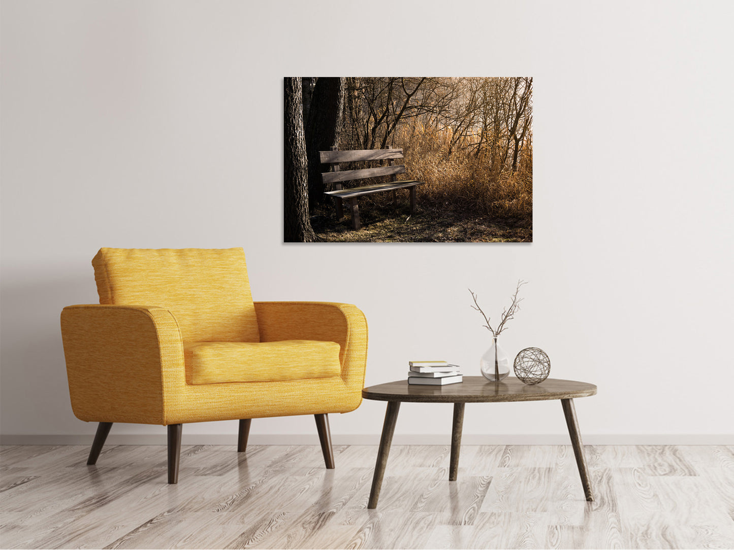 Leinwandbild Holzbank im Wald