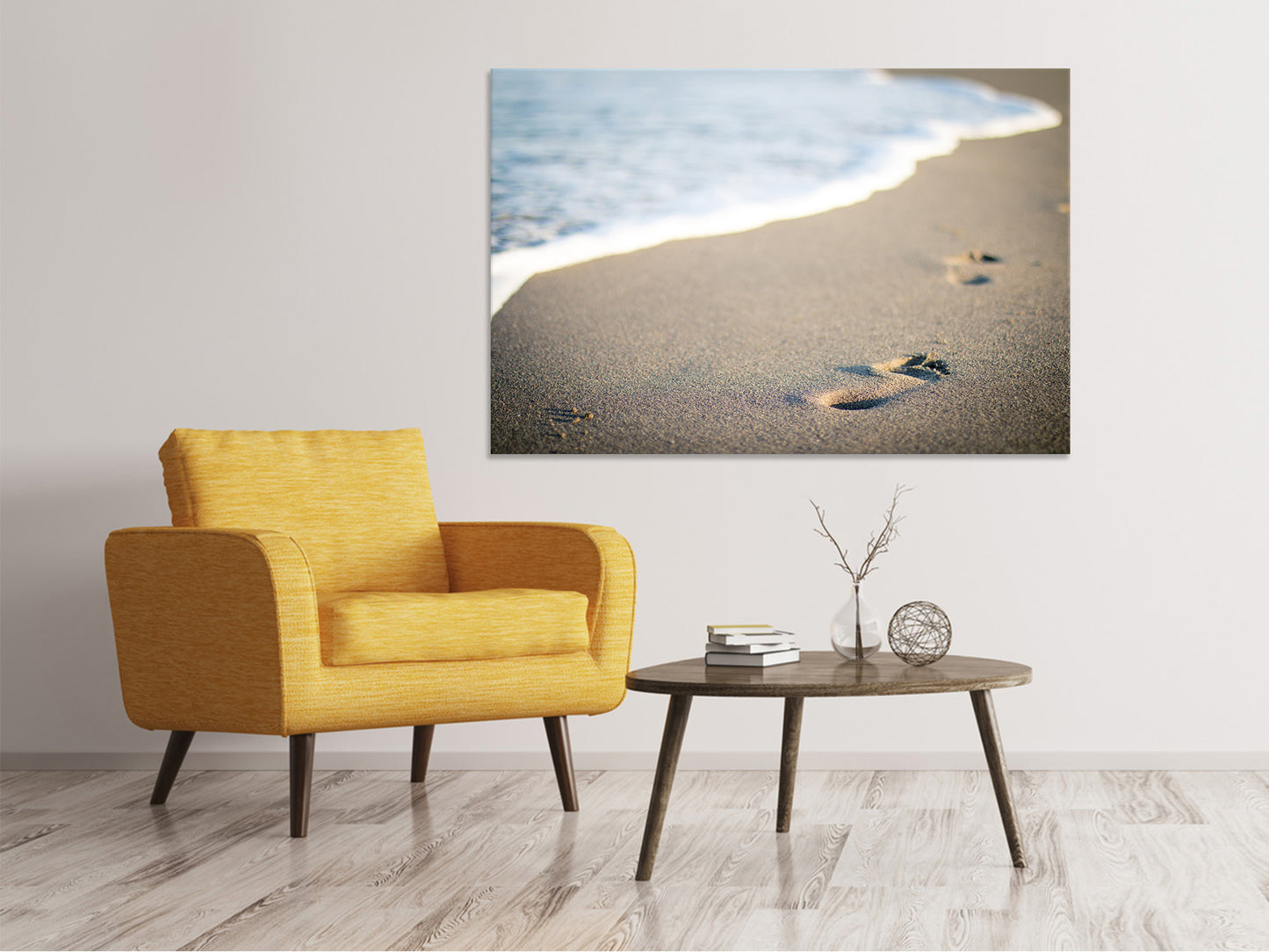 Leinwandbild Fussspuren im Sand am Strand