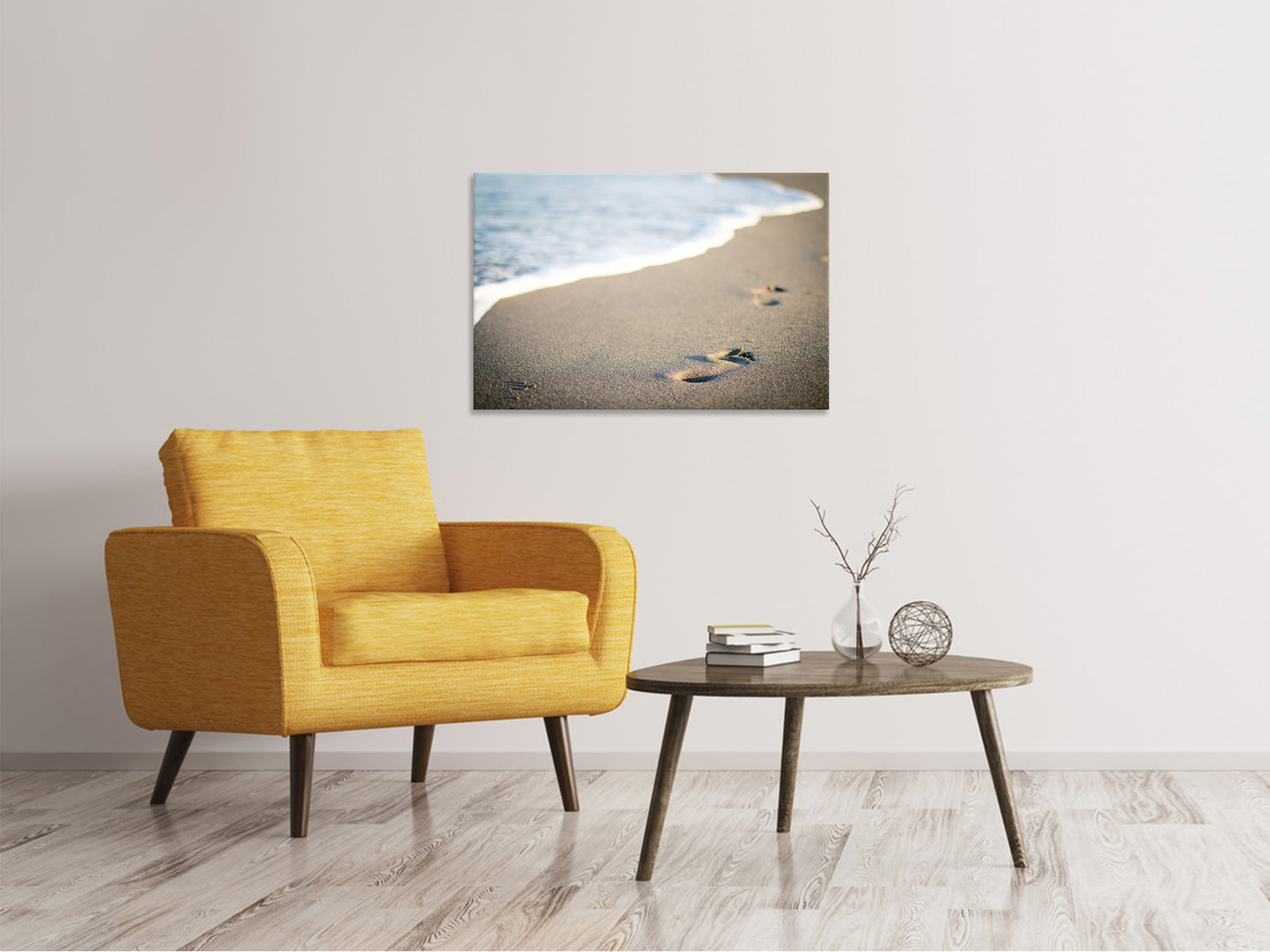 Leinwandbild Fussspuren im Sand am Strand