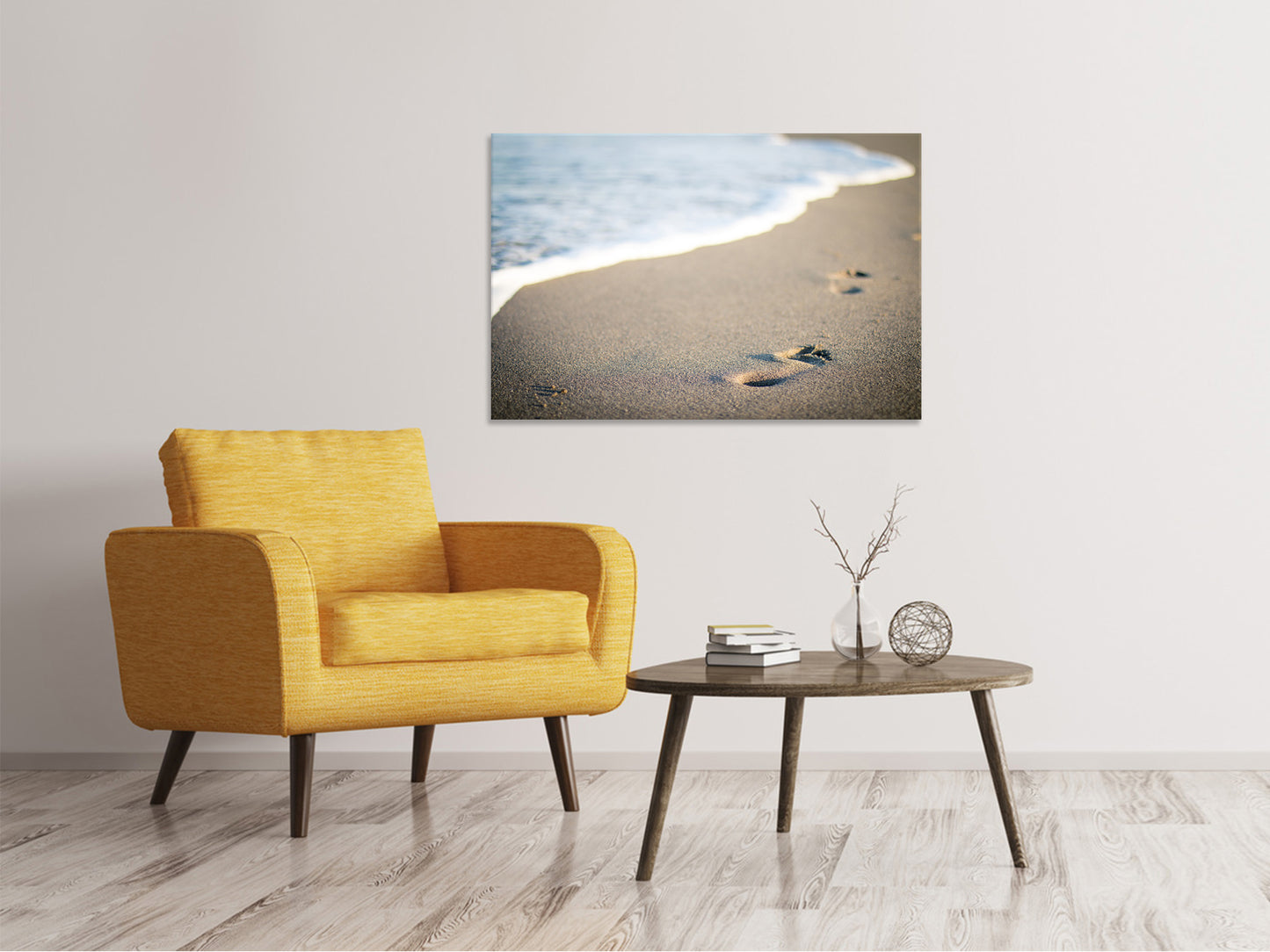 Leinwandbild Fussspuren im Sand am Strand