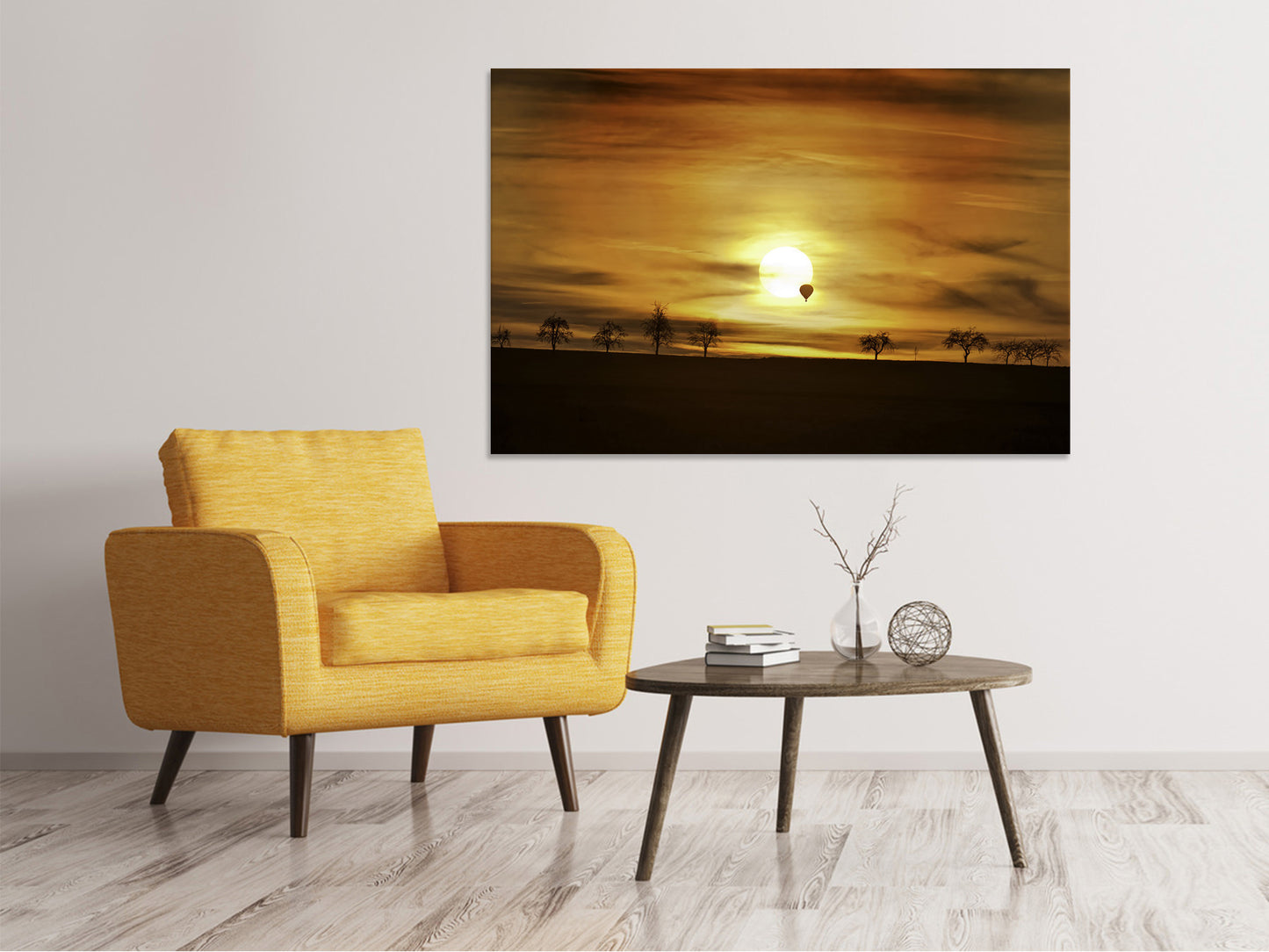 Leinwandbild Sonnenuntergang mit Heissluft Ballon