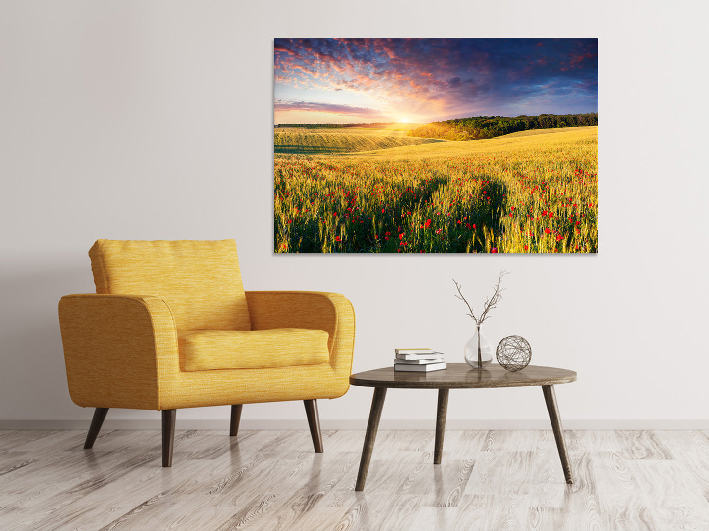 Leinwandbild Ein Blumenfeld bei Sonnenaufgang