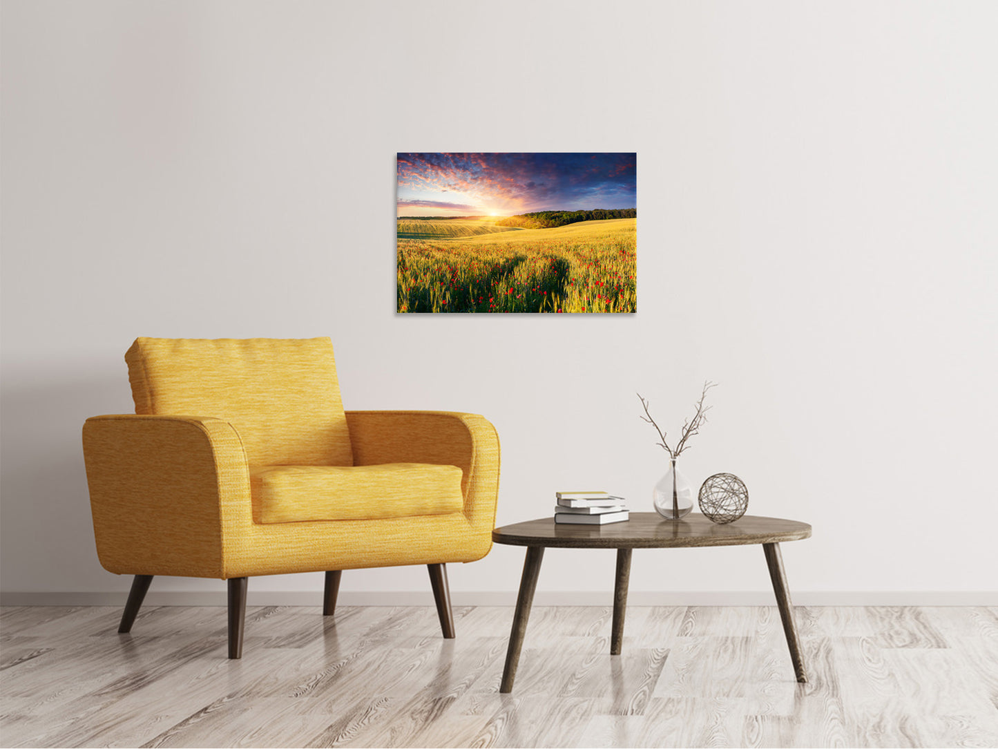 Leinwandbild Ein Blumenfeld bei Sonnenaufgang
