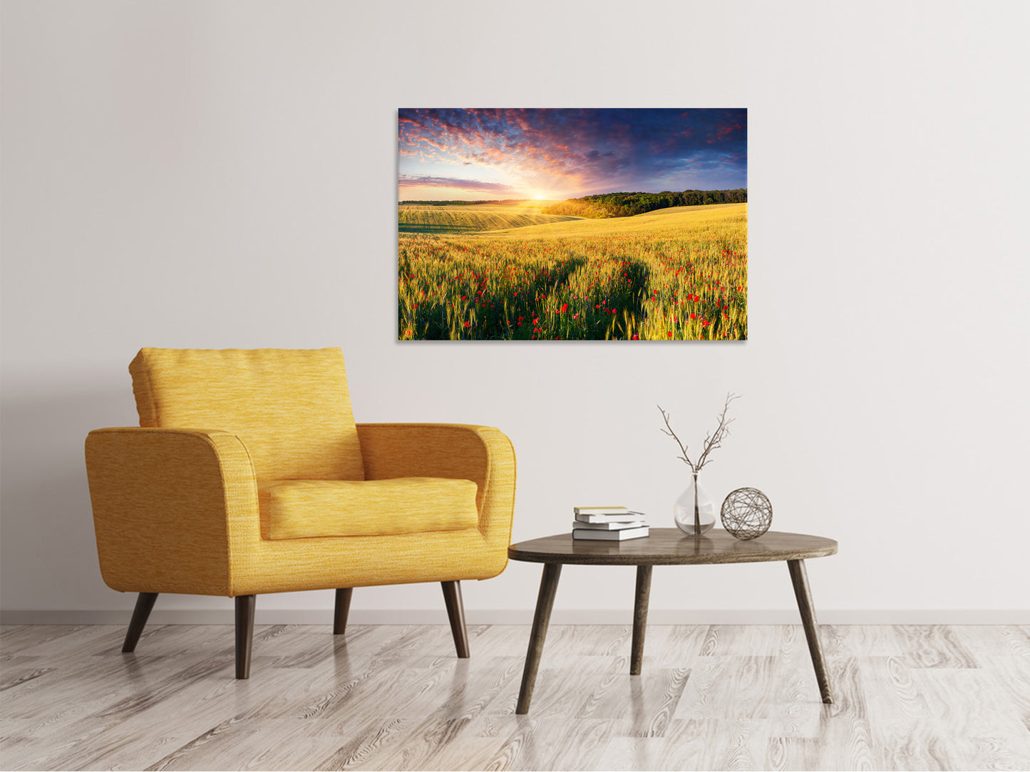 Leinwandbild Ein Blumenfeld bei Sonnenaufgang