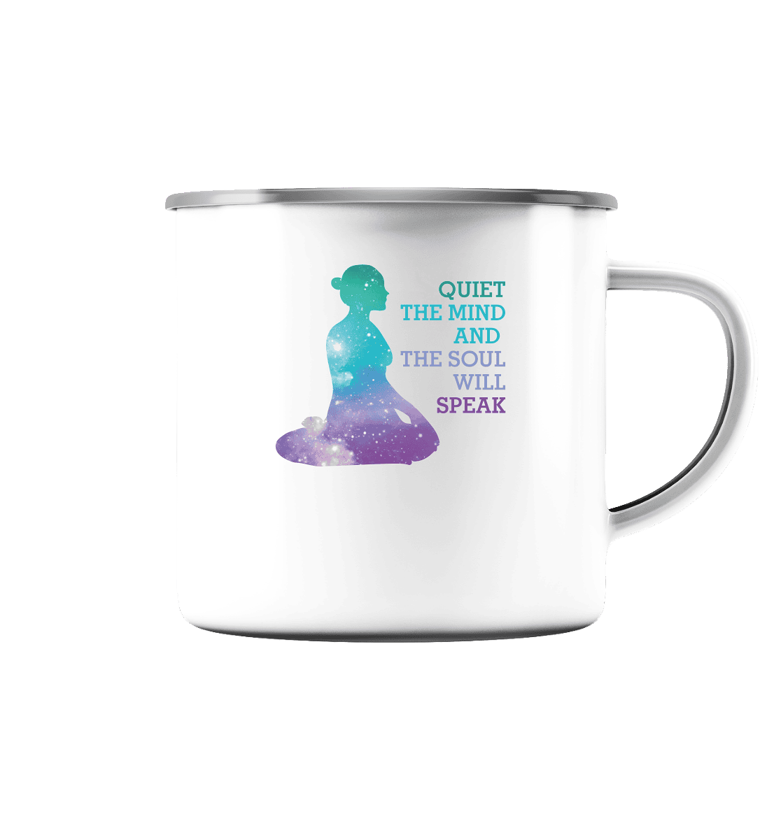 YOGA IS ABOUT SELF - Emaille Tasse (Silber)