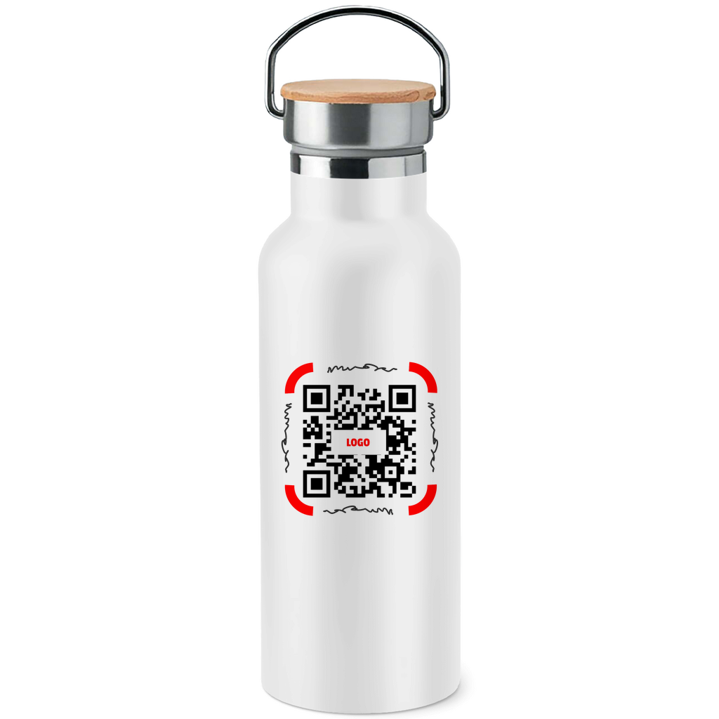 Edelstahl-Trinkflasche mit Bambusdeckel QR Code