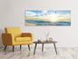 Leinwandbild Panorama Die Möwen und das Meer bei Sonnenaufgang
