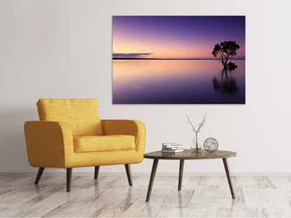 Leinwandbild Sonnenuntergang am Baum im Wasser