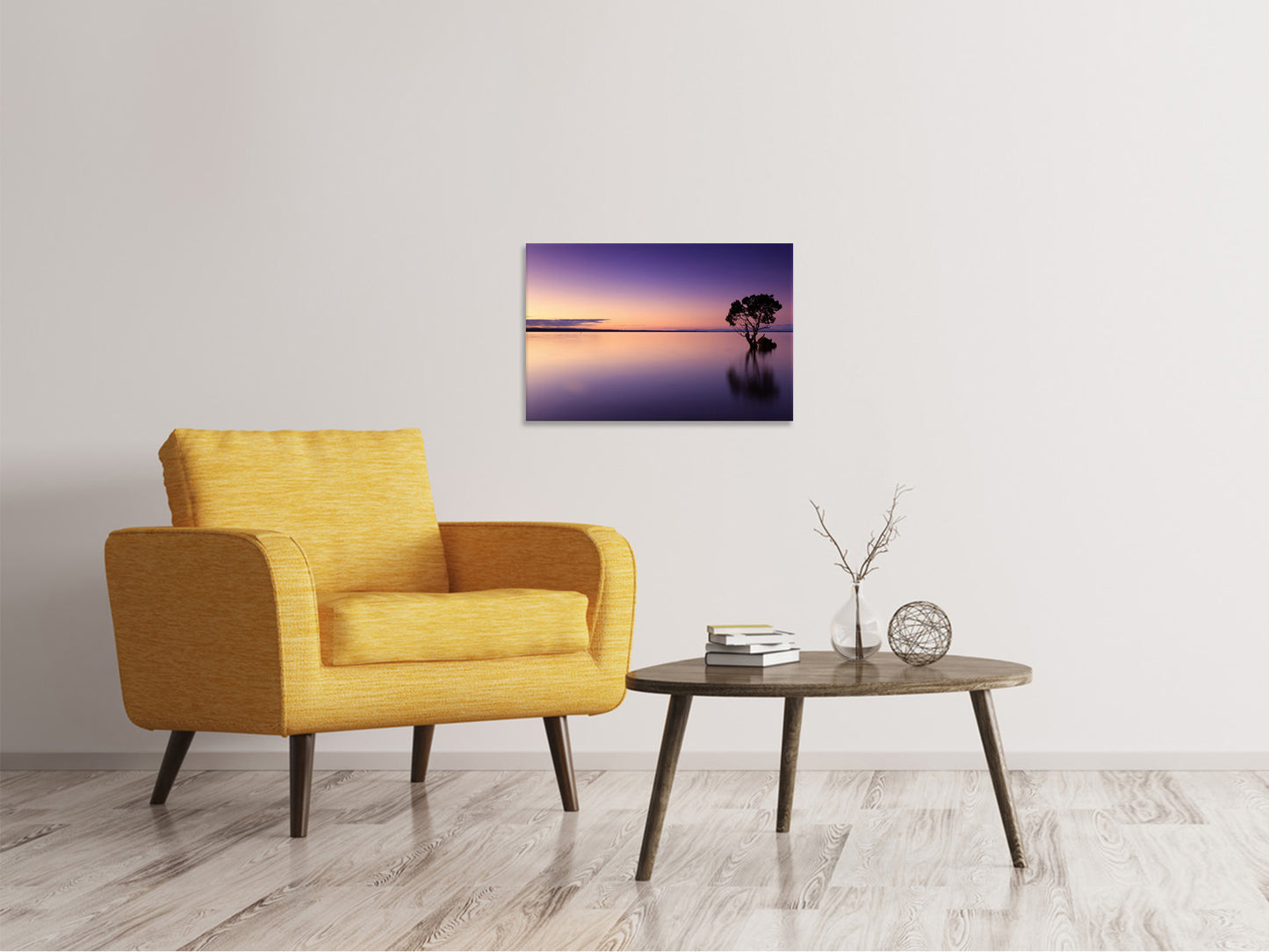 Leinwandbild Sonnenuntergang am Baum im Wasser