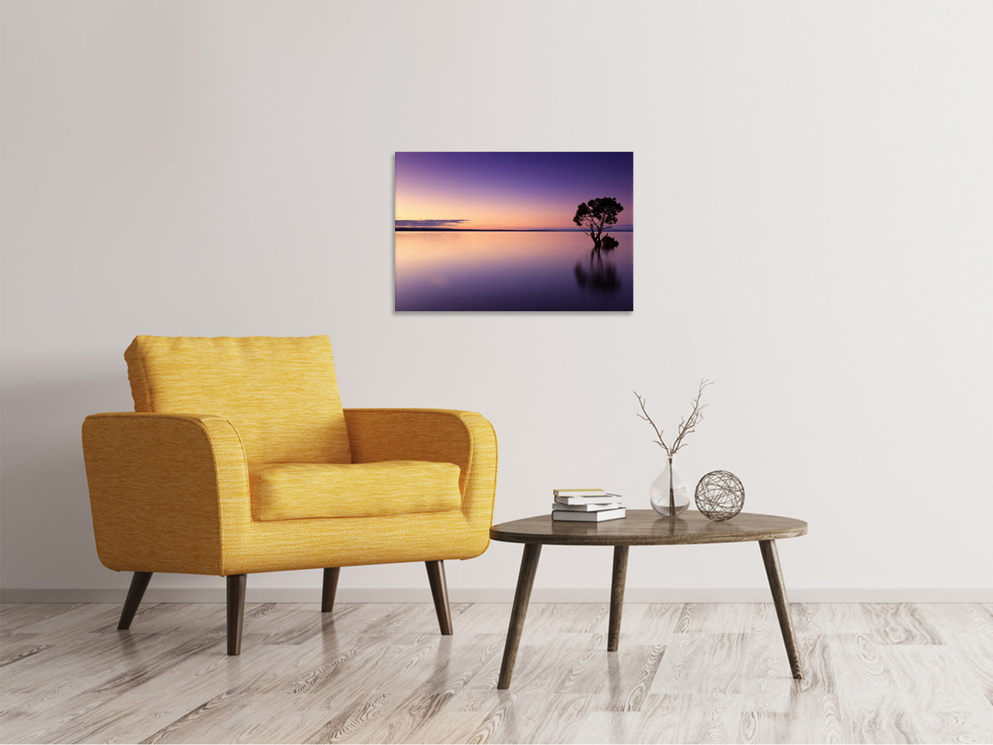 Leinwandbild Sonnenuntergang am Baum im Wasser