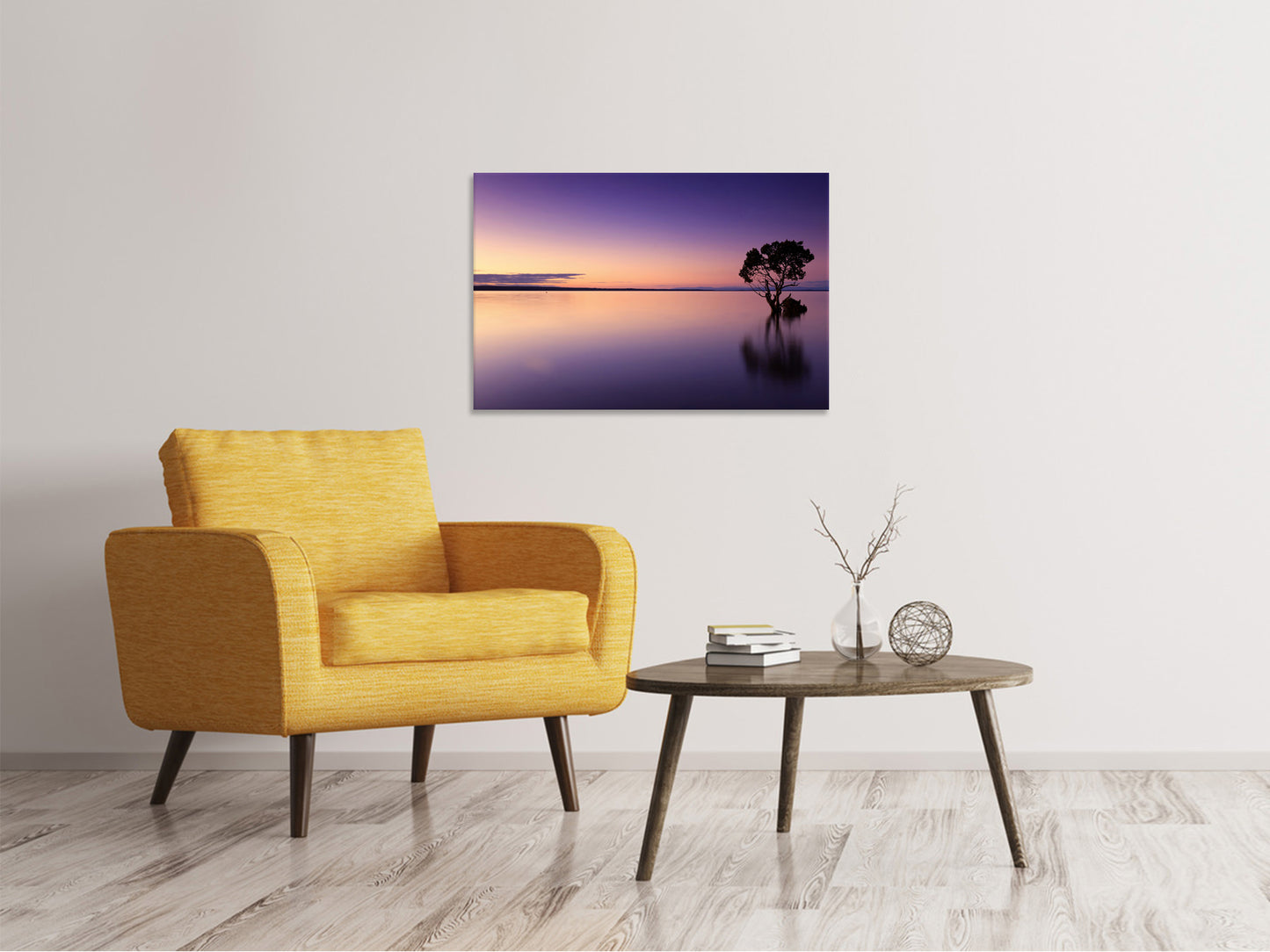Leinwandbild Sonnenuntergang am Baum im Wasser