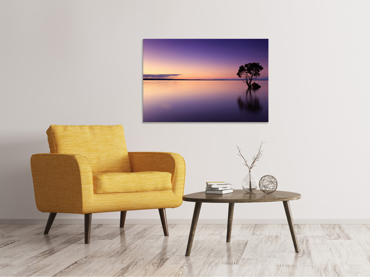Leinwandbild Sonnenuntergang am Baum im Wasser