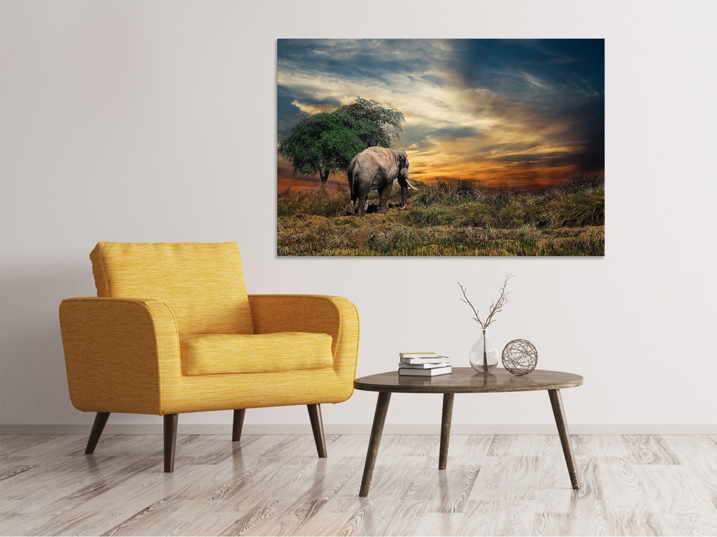 Leinwandbild Der Elefant im Sonnenuntergang
