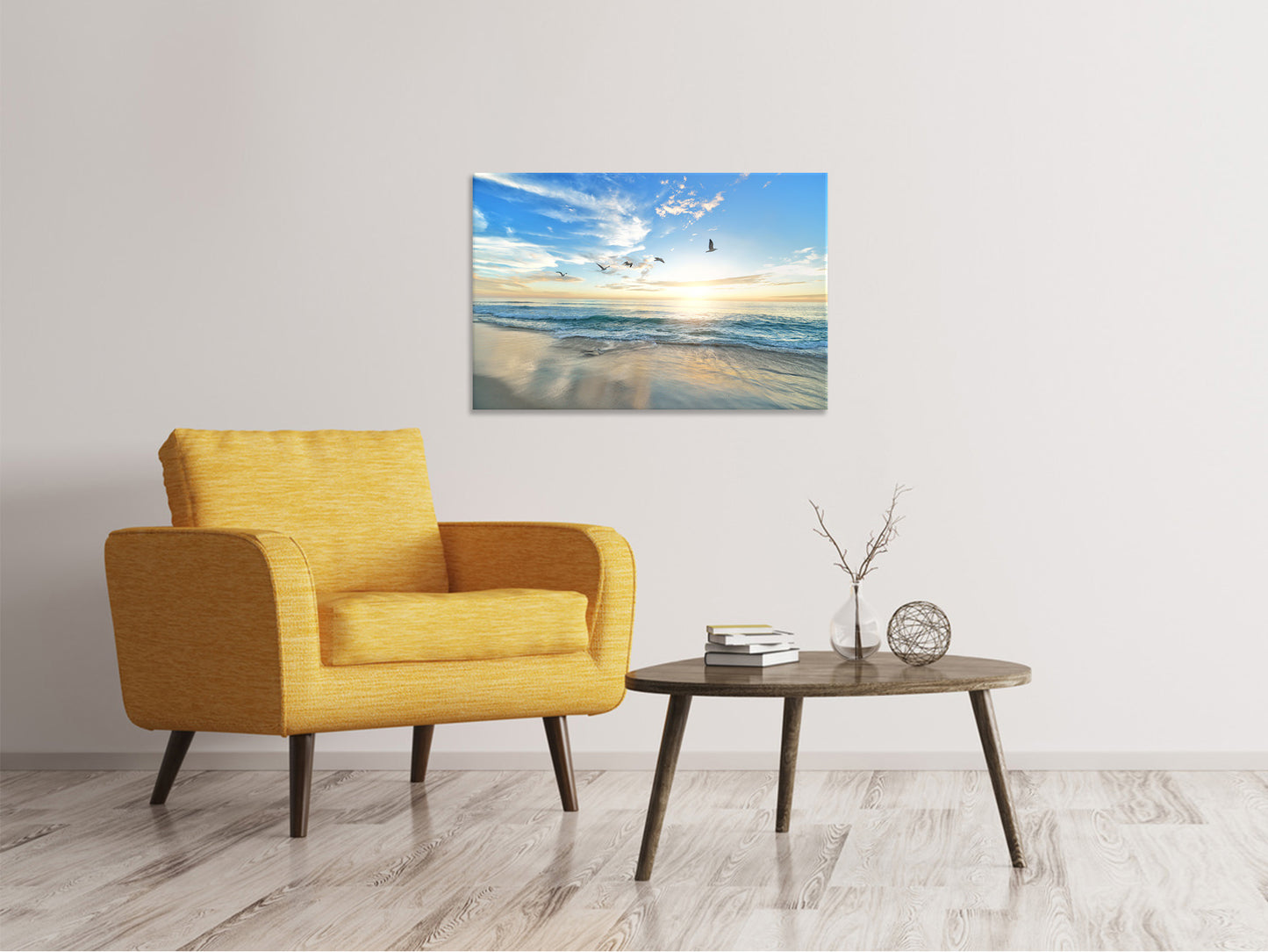 Leinwandbild Die Möwen und das Meer bei Sonnenaufgang