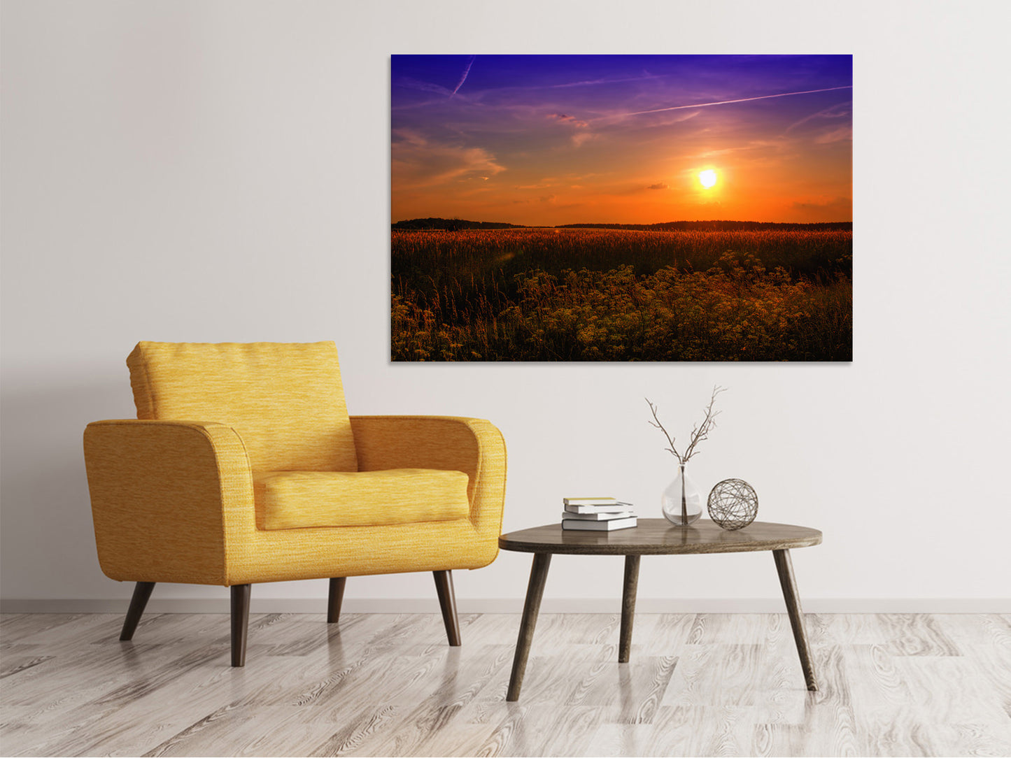 Leinwandbild Sonnenuntergang am Blumenfeld