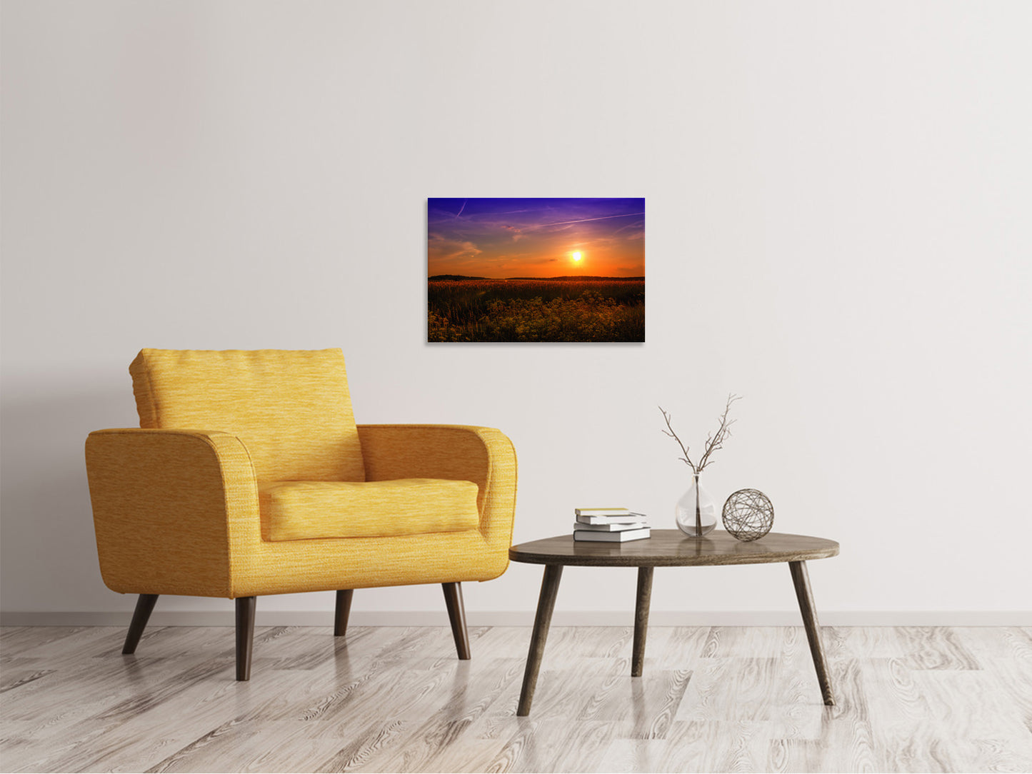 Leinwandbild Sonnenuntergang am Blumenfeld