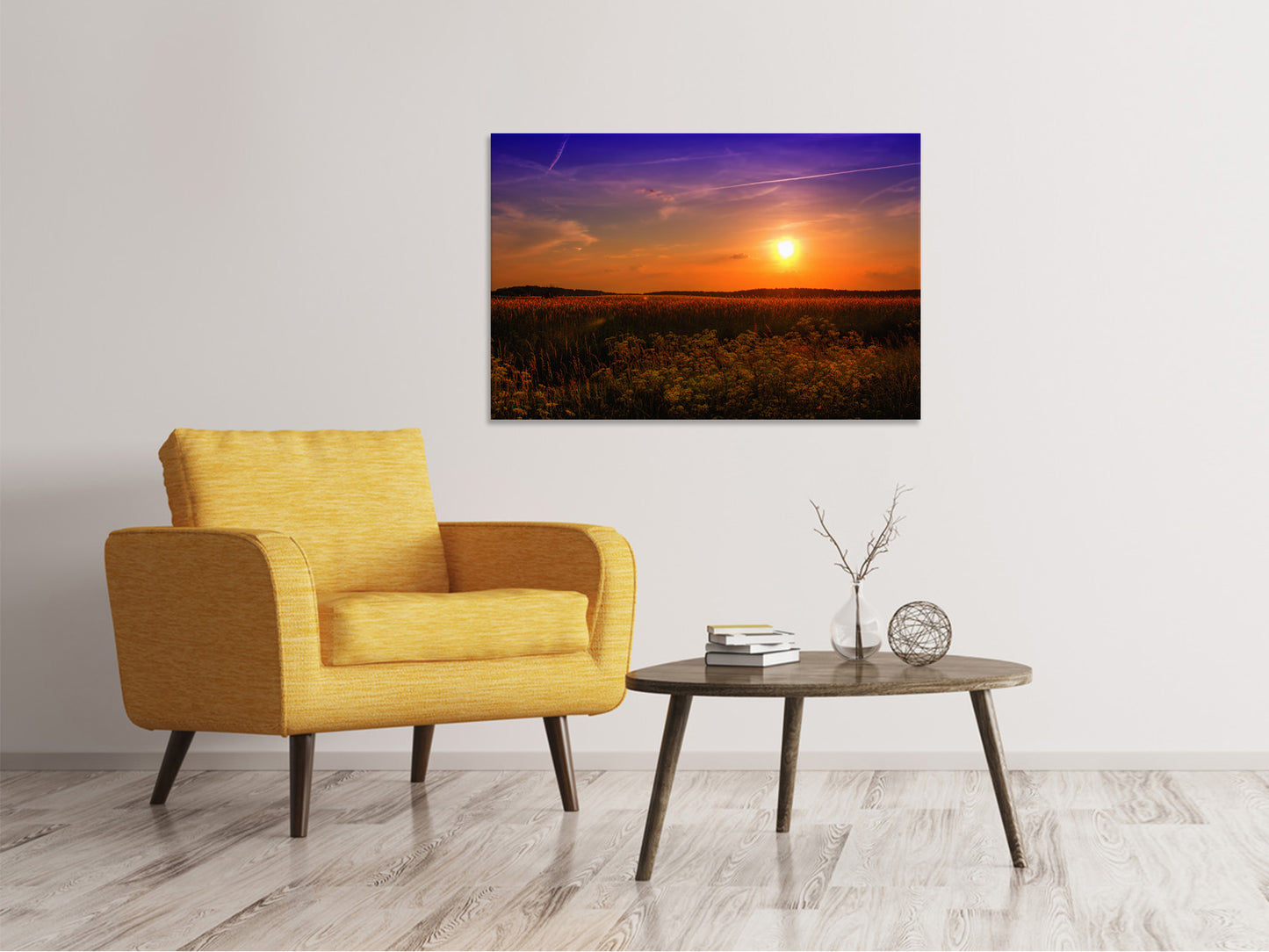 Leinwandbild Sonnenuntergang am Blumenfeld