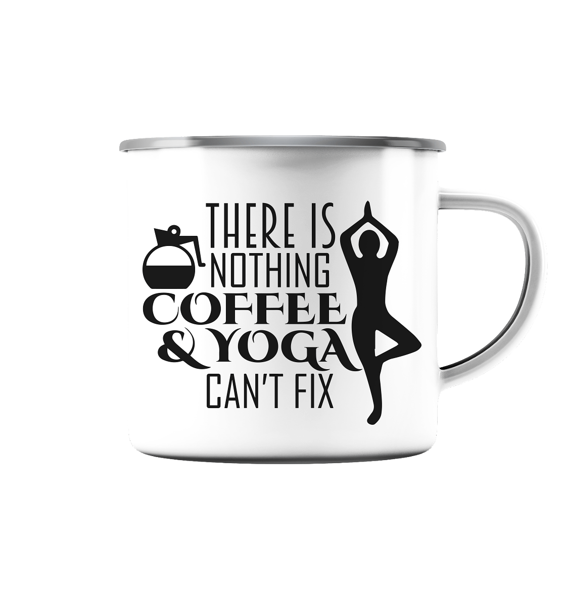 Kaffee & Yoga - Emaille Tasse (Silber)